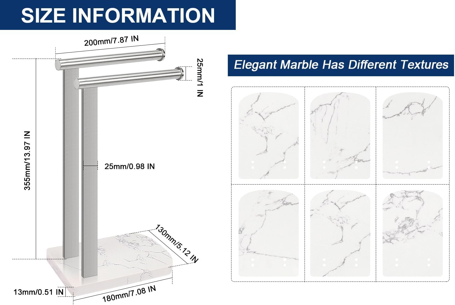 Nearmoon Hand Towel Holder with Balanced Marble Base, SUS304 Stainless Steel Stand Towel Ring L Shape Hand Towel Rack Free-Standing Towel Bar for Bathroom Kitchen Countertop(Double Rod Brushed Nickel) image number 5