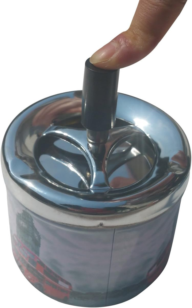 Coralpearl Smokeless Metal Tin Push down Ashtray for Cigarettes Cigars with Spinning Tray Lid Covered Portable Ash Tray Bucket for Home Tabletop,Patio,Sand,Car,Auto,Outdoors,Indoors (British 1) image number 6