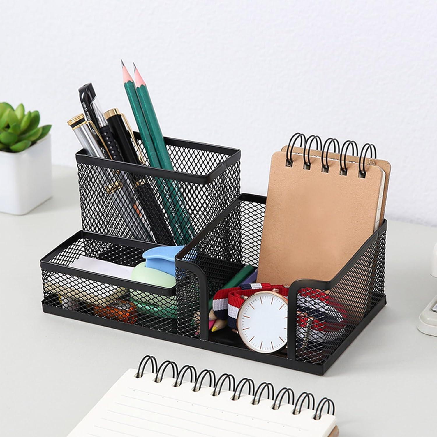 ASTIMESA 2 Pcs Mesh Pencil Holder for Desk with 3 Compartments, Office Desktop Organizer Pencil Cup Caddy for Stationery Marker Storage School Home Supplies（Black） image number 2