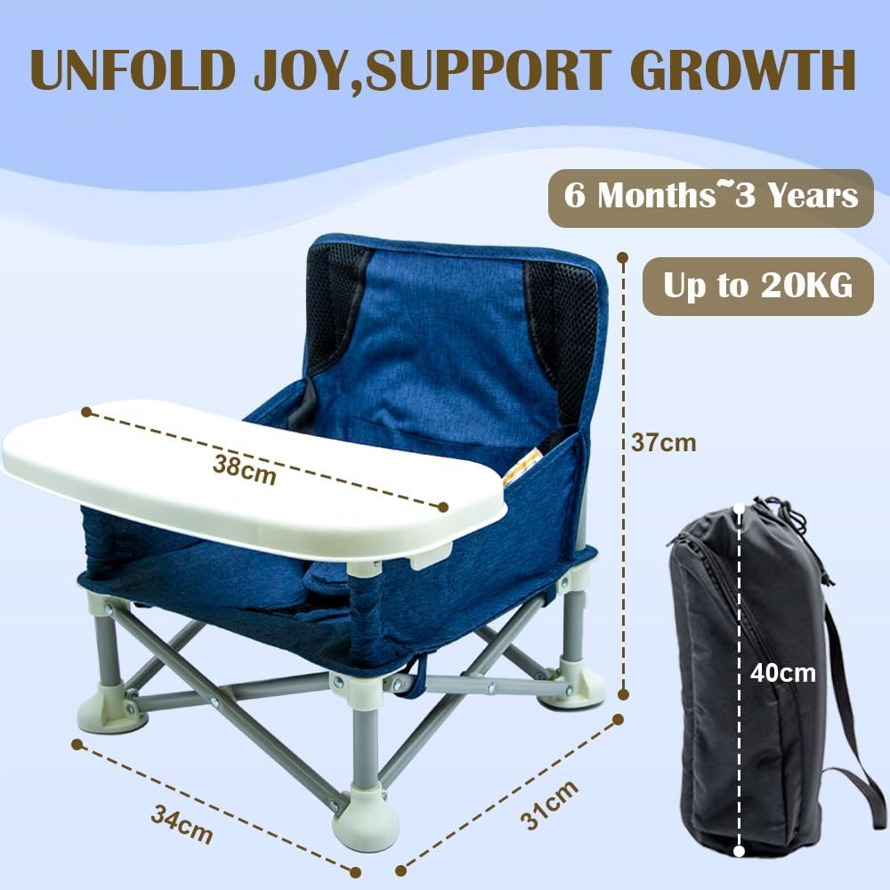TINY SPARK Travel Booster Seat Portable Baby Chair Foldable Highchairs Booster Seats with Tray for Dining Table Camping Beach (Blue with Reinforced Corners) image number 2