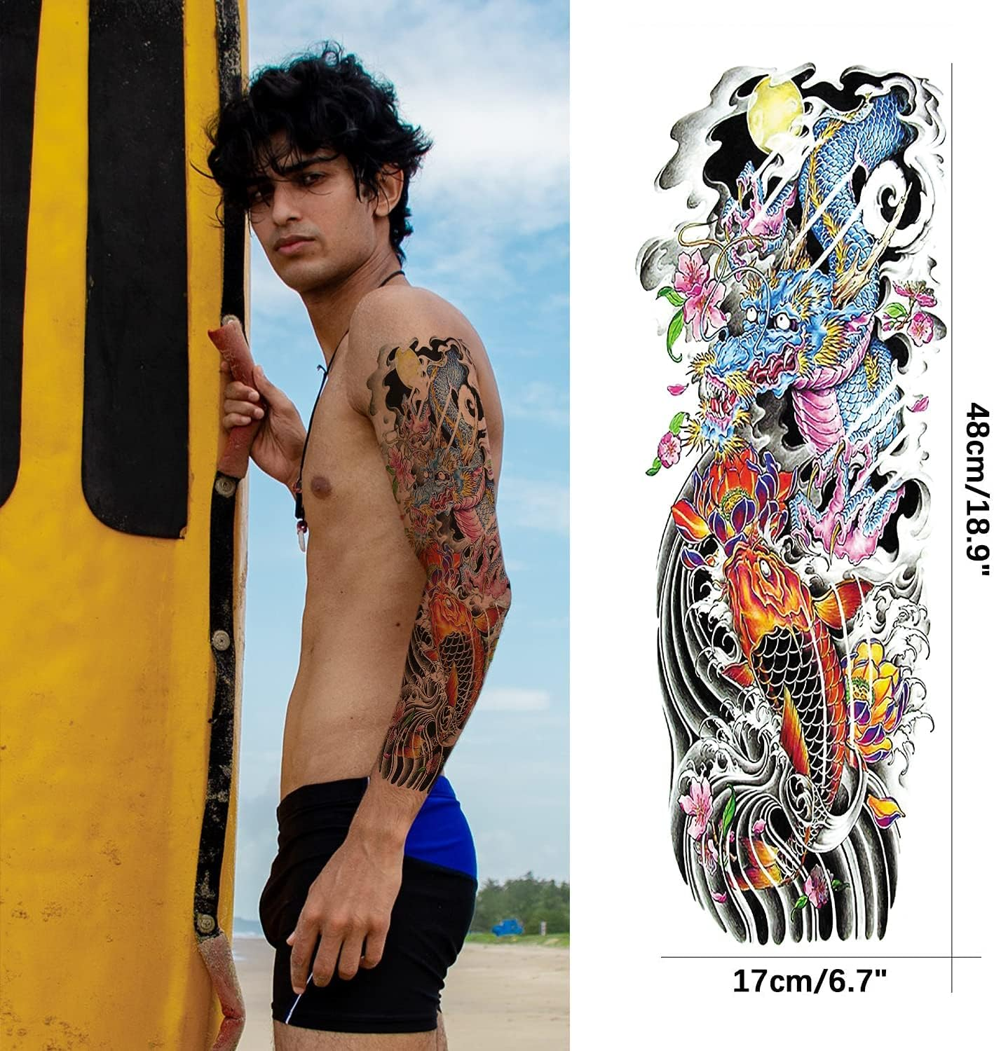 Aresvns Japanese Sleeve Tattoos for Men and Women 20 Sheets, Full Arm Temporary Tattoos for Adults, Waterproof Large Koi Fake Tattoos for BBQ Pool Beach Party image number 3
