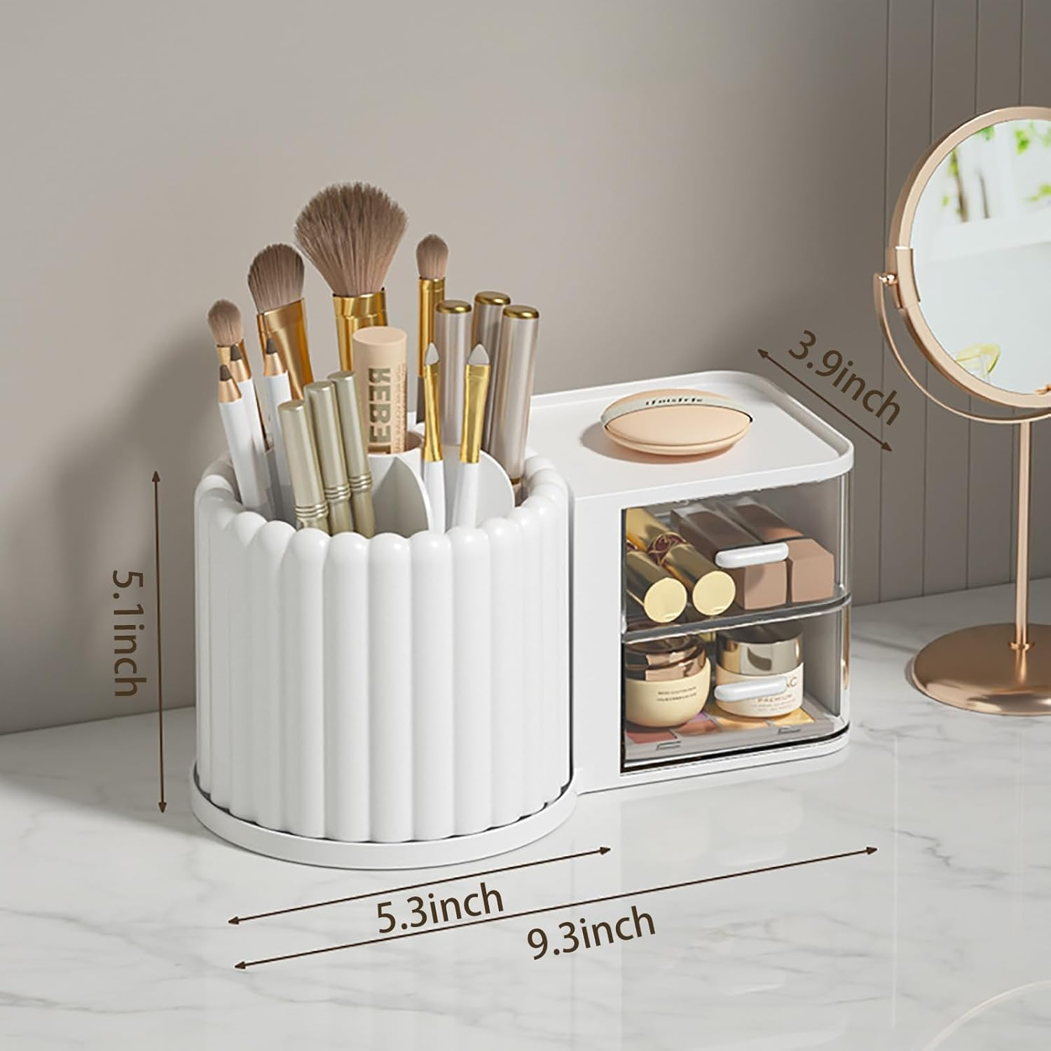 Makeup Organizer Countertop,360 Rotating Makeup Brush Holder 7 Slots Makeup Organizer with Drawer Removable Spinning Cosmetic Storage Pen Holder for Vanity, Dresser, Desk,9.25X5.11Inch,White image number 2