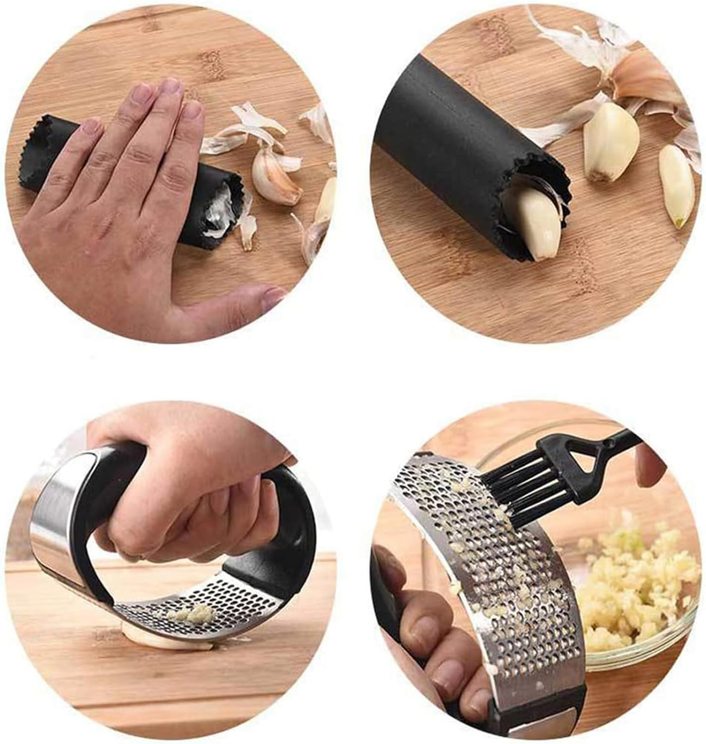 Garlic Press Rocker，Silicone Garlic Peeler，Stainless Steel Garlic Mincer Crusher - with Ergonomic Handle Silicone Tube Peeler and Cleaning Brush Tool image number 1