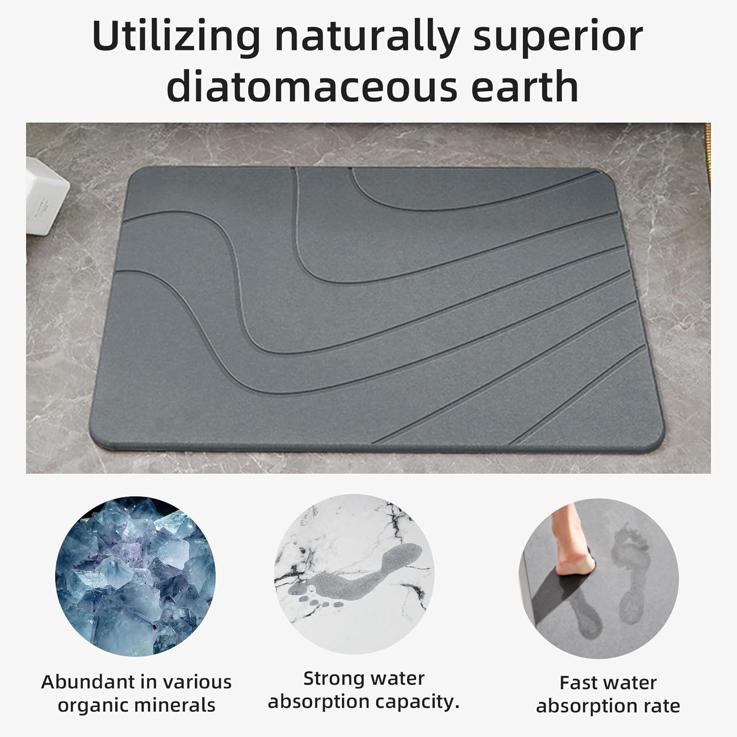 Stone Bath Mat, Diatomaceous Earth Shower Mat,(23.6" X 15.4") Non-Slip Super Absorbent Quick Drying Bathroom Floor Mat, Natural-Elegant & Modern Design, Easy to Clean (Striped Dark Gray) - Round Dark Gray image number 6