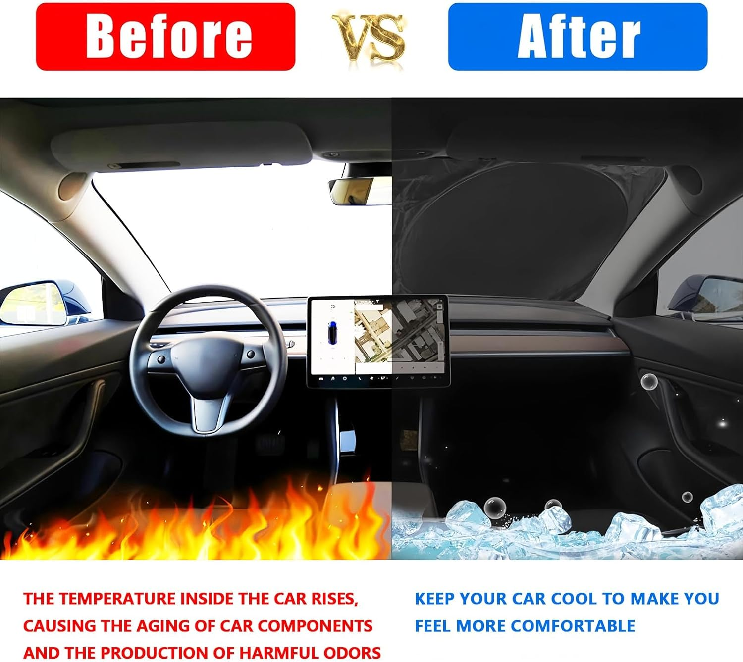 Sunshade for Tesla Model Y Model 3, 142X93Cm Foldable Car Sun Shield, Front Windscreen Sunshade with Storage Bag, Thickened Silver Plated Curtain Sun Visor Accessories 2025 for Tesla image number 6