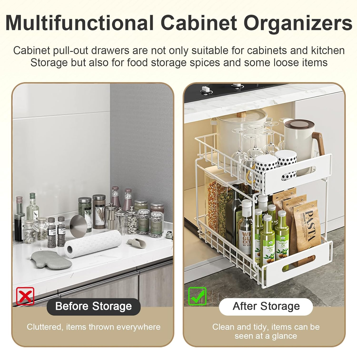 2-Tier under Sink Organizer and Storage, Adhesive Pull Out Cabinet Organizer, Peel and Stick Slide Out Drawer Shelf, Multi-Purpose Metal under Sink Storage Rack for Kitchen, Pantry, Bathroom (White) - Black image number 6