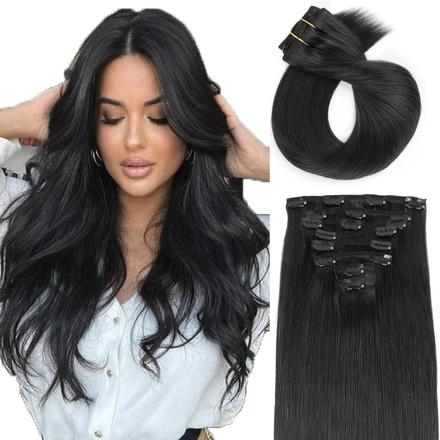 ABH AMAZINGBEAUTY HAIR 22 Inch Clip in Hair Extensions Real Human Hair Jet Black Straight Thick Remy Hair Extensions #1 8Pcs 120G