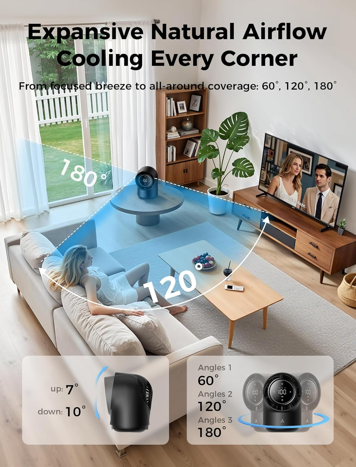 Aecooly Touch Control Desk Fan, 100 Speeds Quiet Digital Display 8000Mah Battery Powered Small Table with 3 Oscillation Angles Desktop Fan for Bedroom, Bedside, Office, Travel -Black image number 3