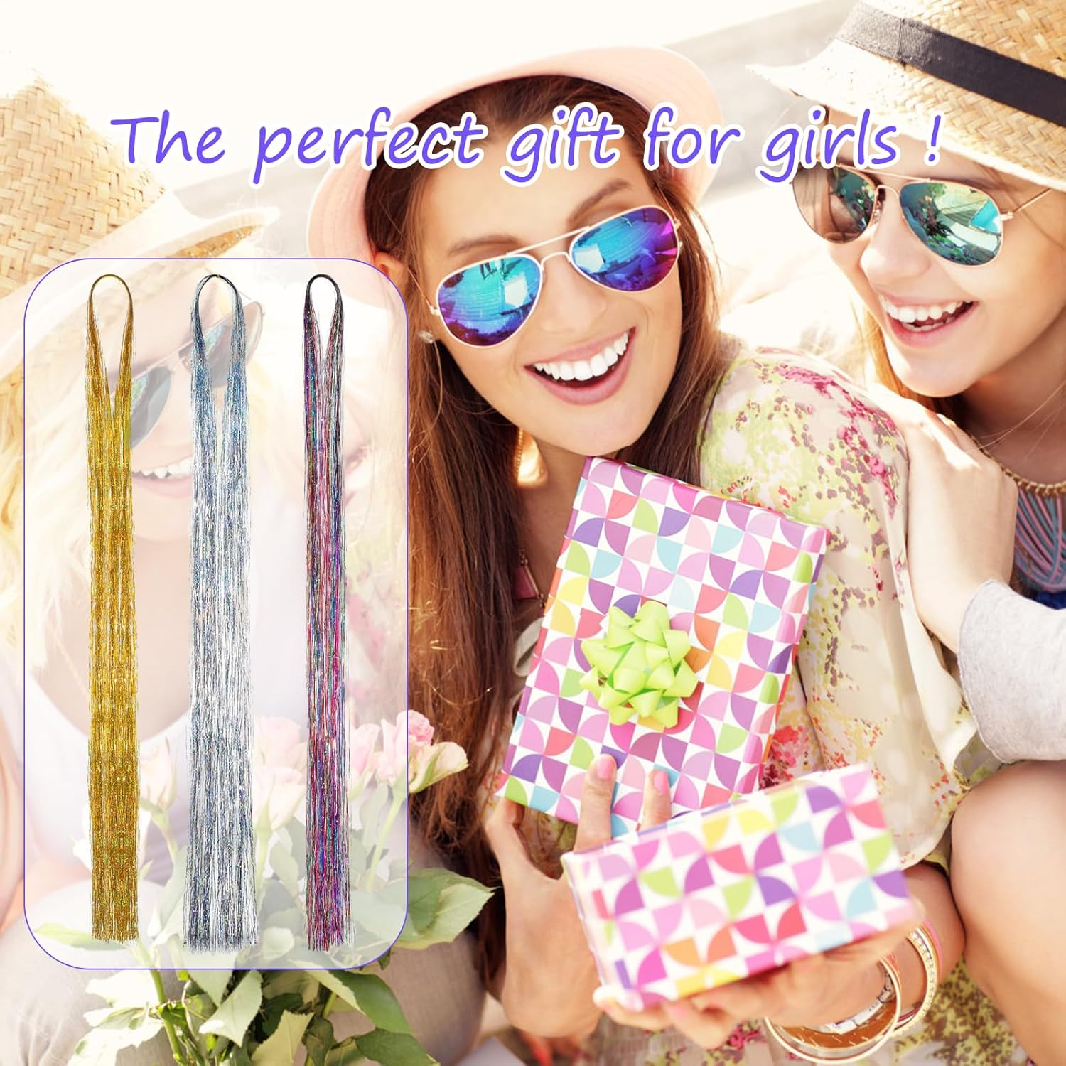 DHWEKU Hair Tinsel Strands 3 Colours Hair Tinsel Extensions, Hair Tinsel Strands Kit Hair Tinsel Hair Tinsel Strands Hair Strands, 120 Cm Strands Straight Long Hairpiece Accessories for Girls Women