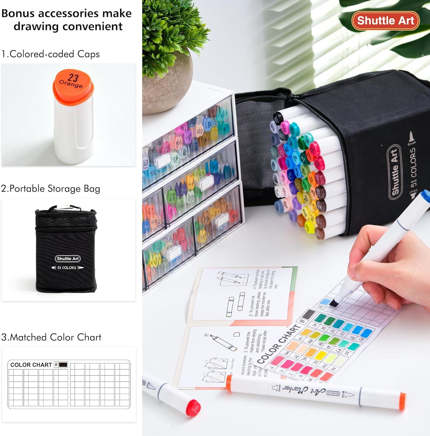 Shuttle Art Brush Tip Art Pens, Dual Tip Alcohol Markers Set, Brush & Chisel Tip Art Markers, 50 Colours plus 1 Blender Permanent Marker Pens with Case Perfect for Illustration Colouring Sketching image number 2