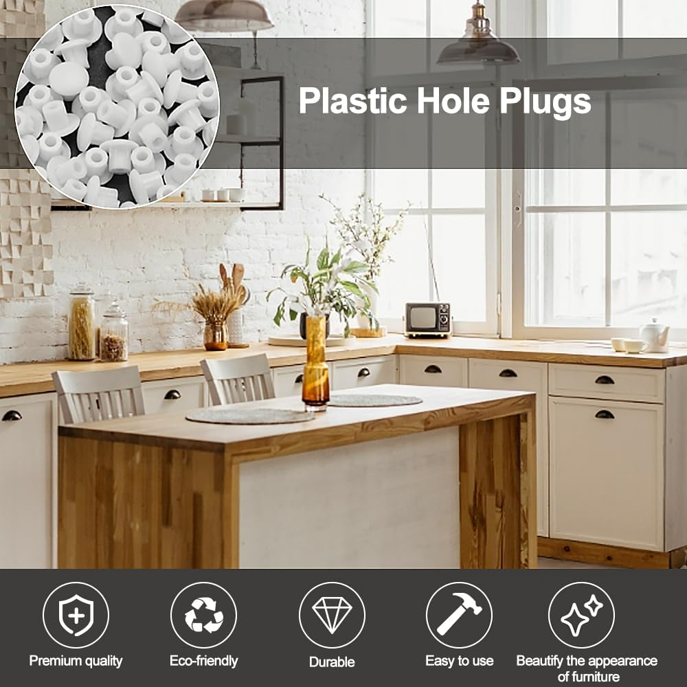 DGN Pack of 200 Cover Caps for Drill Holes, 5 Mm Drill Hole Cover Caps, Furniture Hole Cover, White, Plastic Hole Plugs, Cabinet Cover Plugs, Plastic Hole Cover Caps, for Screws, Holes