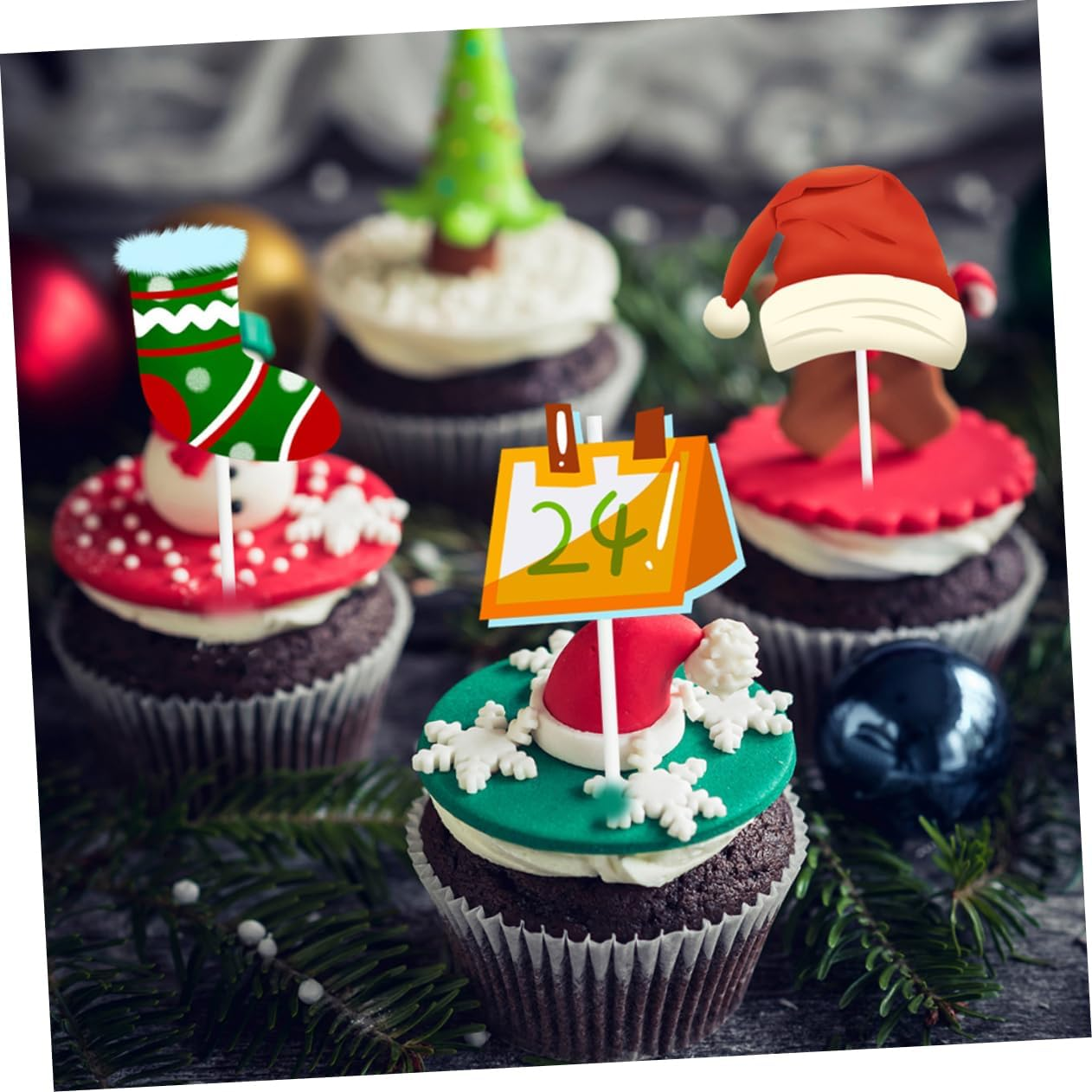 CANIGHT 2 Pack Christmas Cake Decorations Birthday Cake Inserts 24Pcs Xmas Themed Cupcake Toppers Festive Cake Baking Accessories image number 6