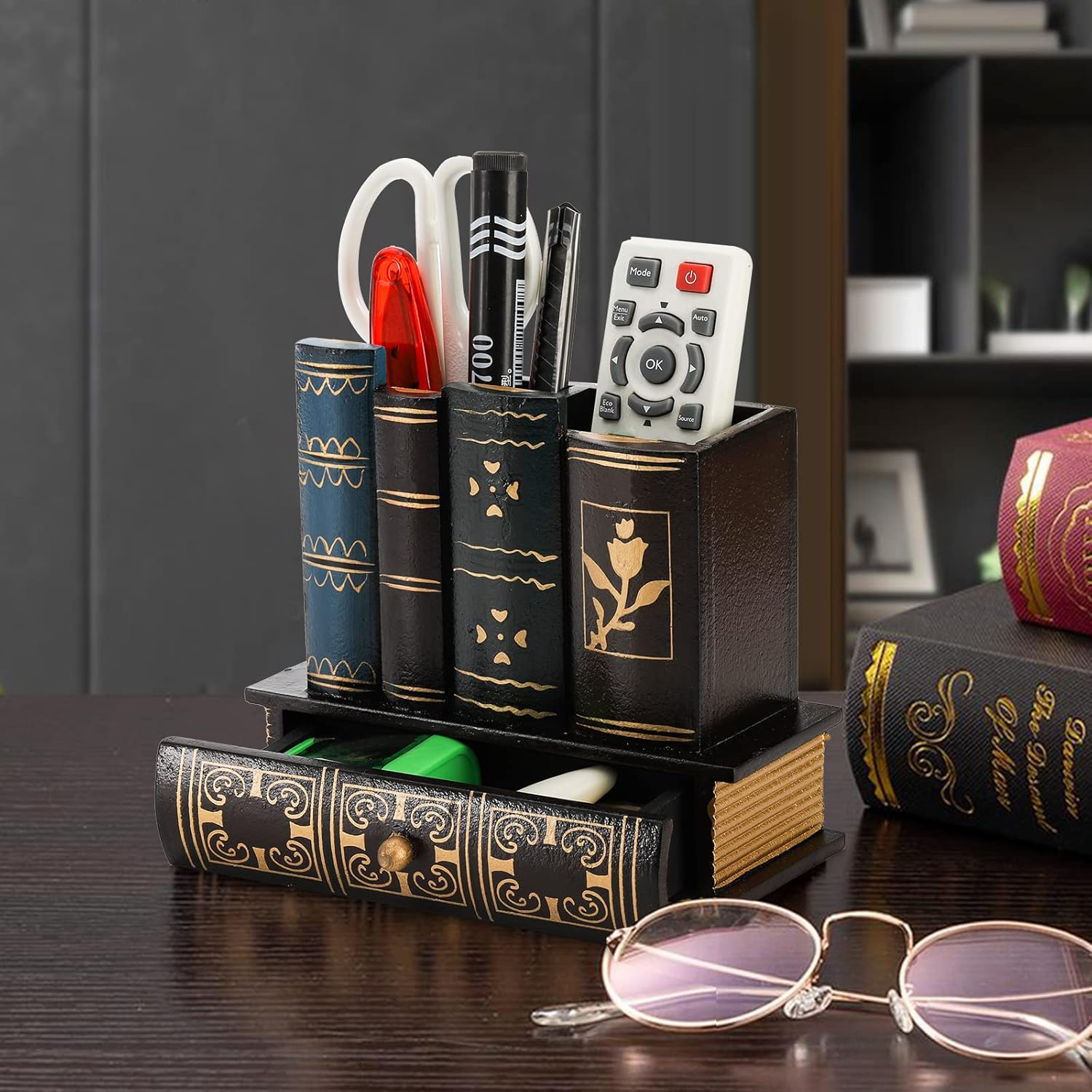 Tosnail Decorative Pen Holder with Storage Drawer, Wooden Pencil Holder Organizer, Antique Library Books Design Pen Cup Caddy, Desk Organizer for Office Supplies, Countertop, Desk, Table Accessory image number 2