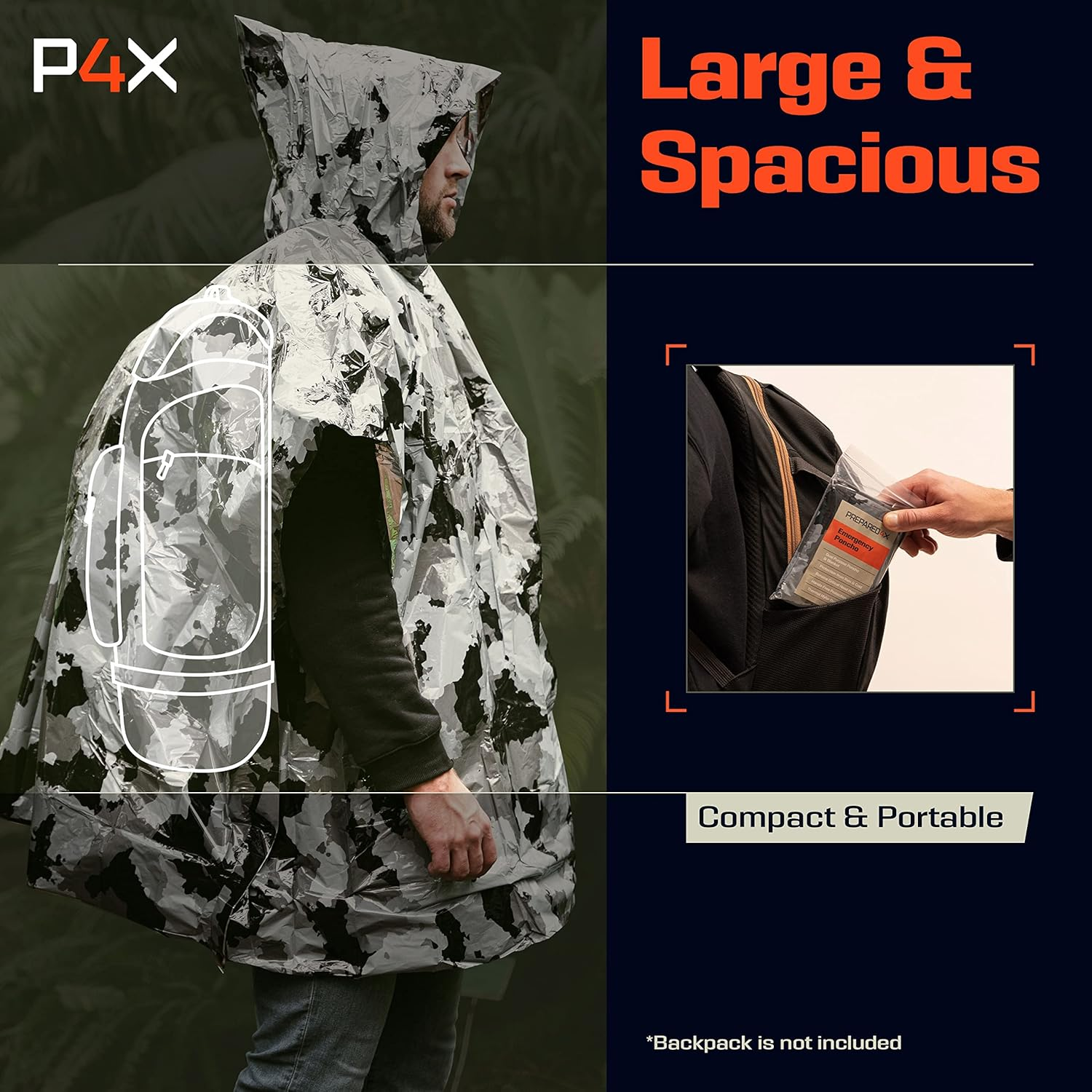 PREPARED4X Emergency Rain Poncho with Mylar Blanket Liner - Survival Blankets for Car - Heavy Duty, Waterproof Camping Gear, Tactical Prepper Supplies&ndash; image number 7