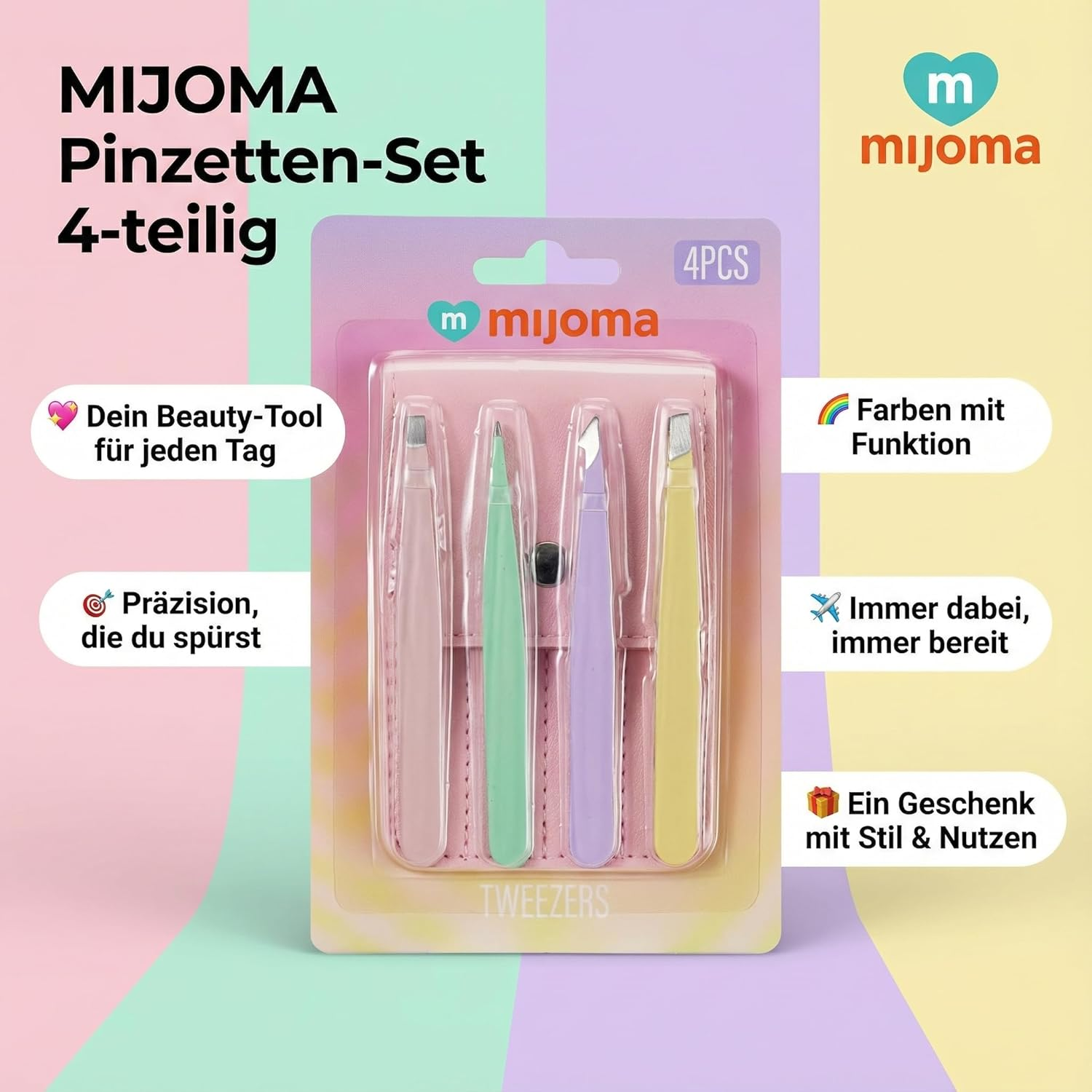 MIJOMA Tweezers Set of 4 - Stainless Steel Pastel Tweezers with PU Case - Assorted Tip Shapes for Precision & Cosmetics - Ideal for Eyebrows & Grooming image number 6