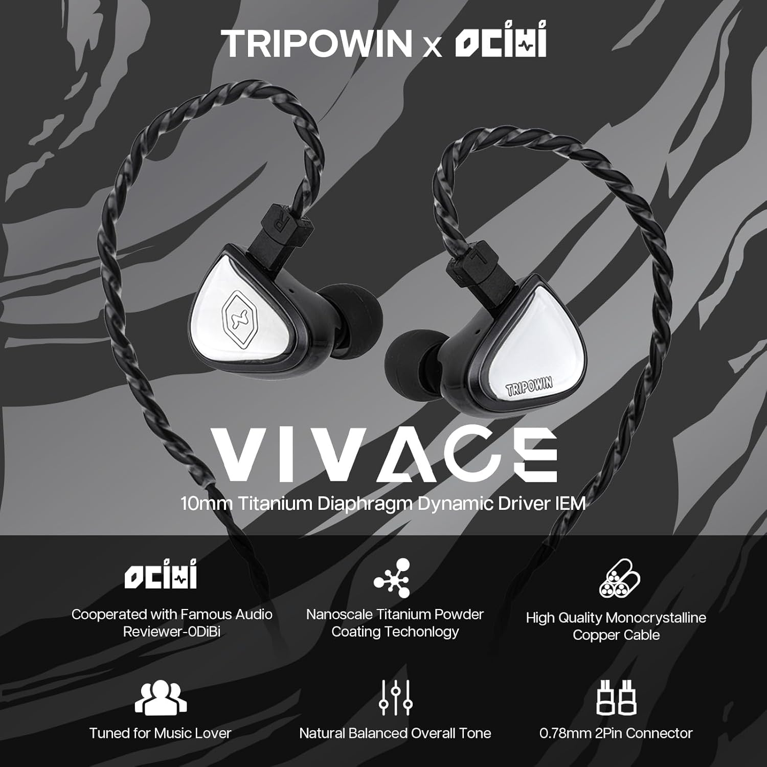 Linsoul Tripowin X 0Dibi: Vivace in Ear Monitor, 10Mm Titanium Diaphragm Dynamic Driver IEM, Hifi Wired Earbuds Earphone, Gaming Earbuds with 2Pin Detachable Cable for Musicians Audio Enthusiasts image number 5