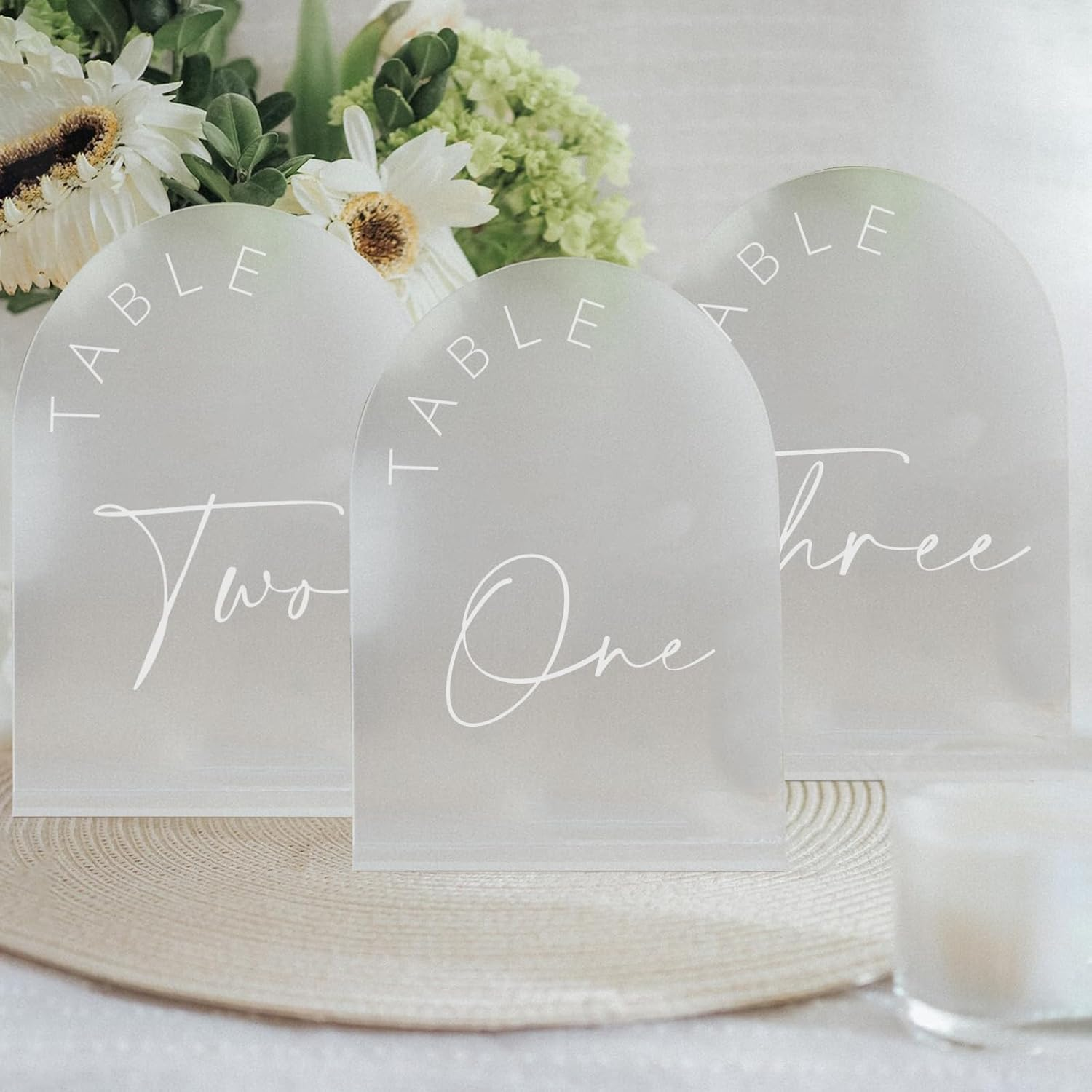 JINMURY Frosted Arch Wedding Table Numbers 1-10 with Stands, 5X7 Inch Frosted Arch Acrylic Sign with White Letters, Frosted Arch Acrylic Table Numbers for Wedding Reception (Frosted Table Numbers image number 5