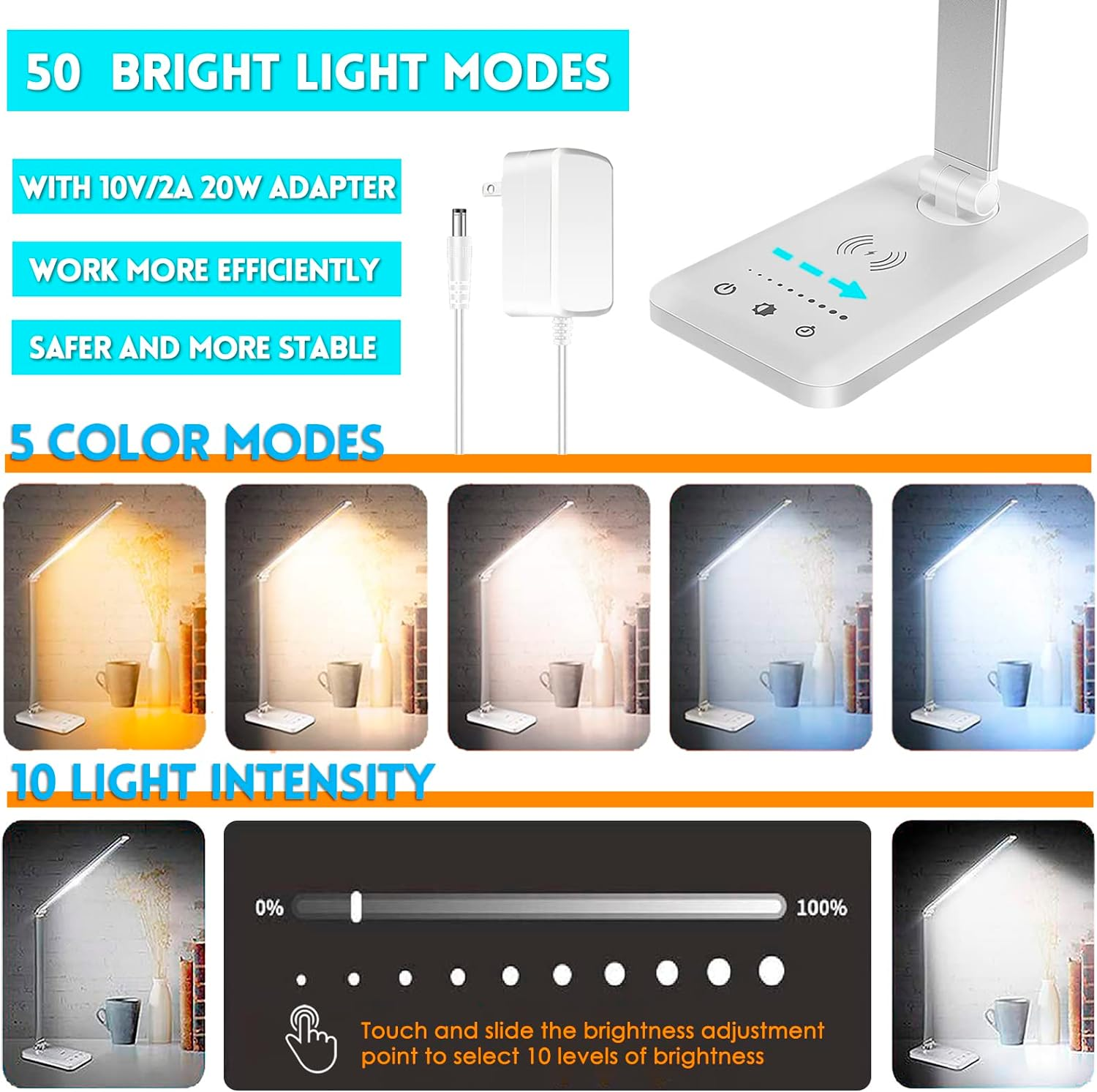 JOSTIC LED Desk Lamp with Wireless Charger, USB Charging Port, Desk Light with 10 Brightness, 5 Color Modes, Dimmable Eye Caring Reading Desk Lamps for Home Office, Touch Control, Auto Timer, White image number 5
