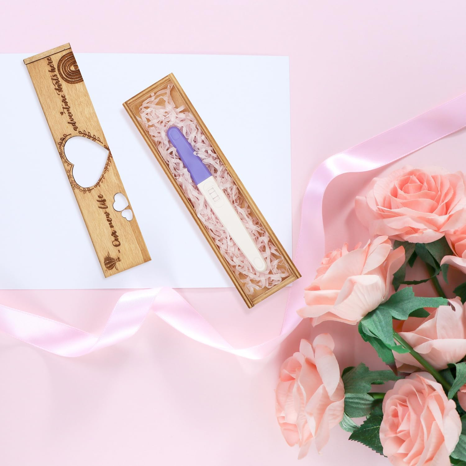 Pregnancy Test Keepsake Box, Heart-Shaped Hollow Pregnancy Announcement Box Wooden Baby Reveal with Letter Souvenir Collection Pregnancy Surprise Gift Box for Husband Dad Family image number 5