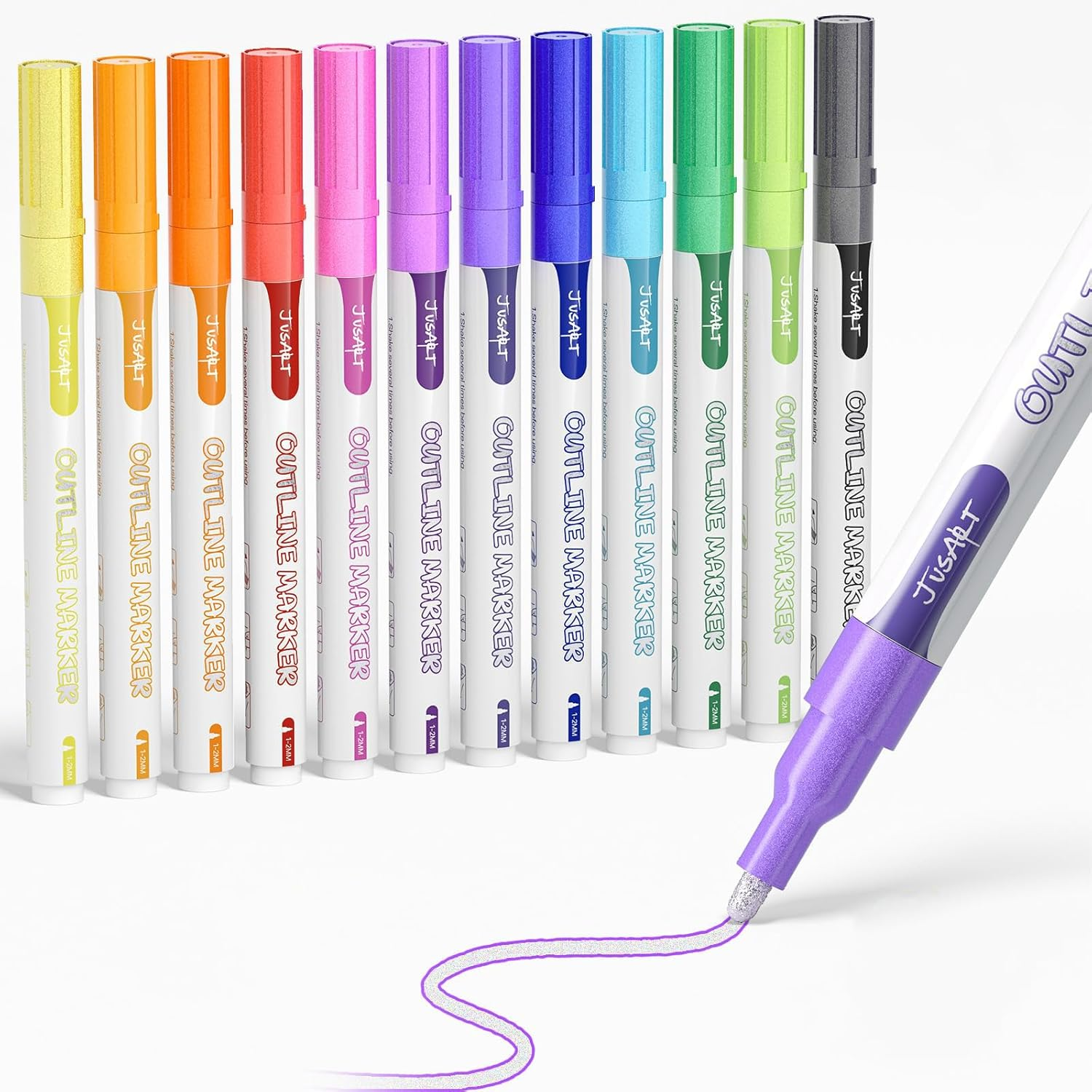 Jusart Outline Markers 12 Colors, Double Line Glitter Markers for Greeting Card Art Crafts, Girls Teens Stocking Stuffers Shimmer Metallic Sparkle Painting Drawing Supplies