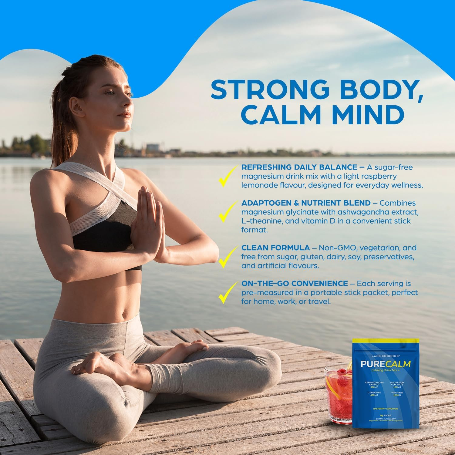 Purecalm Magnesium Drink Mix | Magnesium Glycinate with Ashwagandha, L-Theanine & Vitamin D | Sugar-Free Electrolyte Blend | Raspberry Lemonade Flavour | 20 Stick Packs image number 3