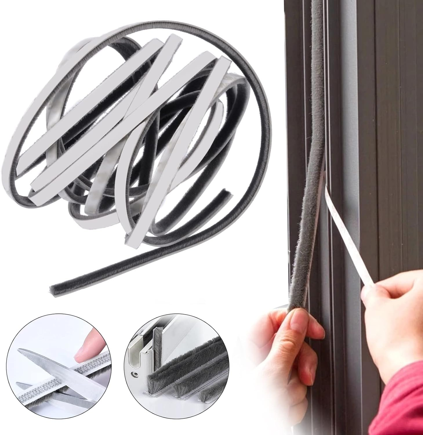 Self Adhesive Weatherstrip, 10M Dustproof Noise Reduction Windproof Window Door Seal Strip, Brush Weatherstrip for Home Classroom Office (White, 9 X 15Mm)