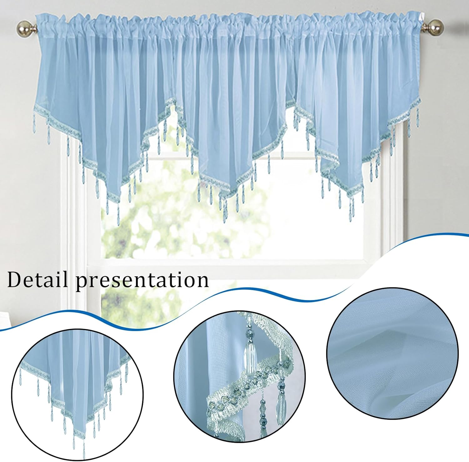 1Pcs Purple Sheer Valance Curtains 51.2 X 23.6 Inch, Beaded Swag Valances for Windows Living Room Kitchen Bedroom Bathroom, Short Top Farmhouse Valance Curtains with Rod Pocket Tassel Voile - Green image number 4