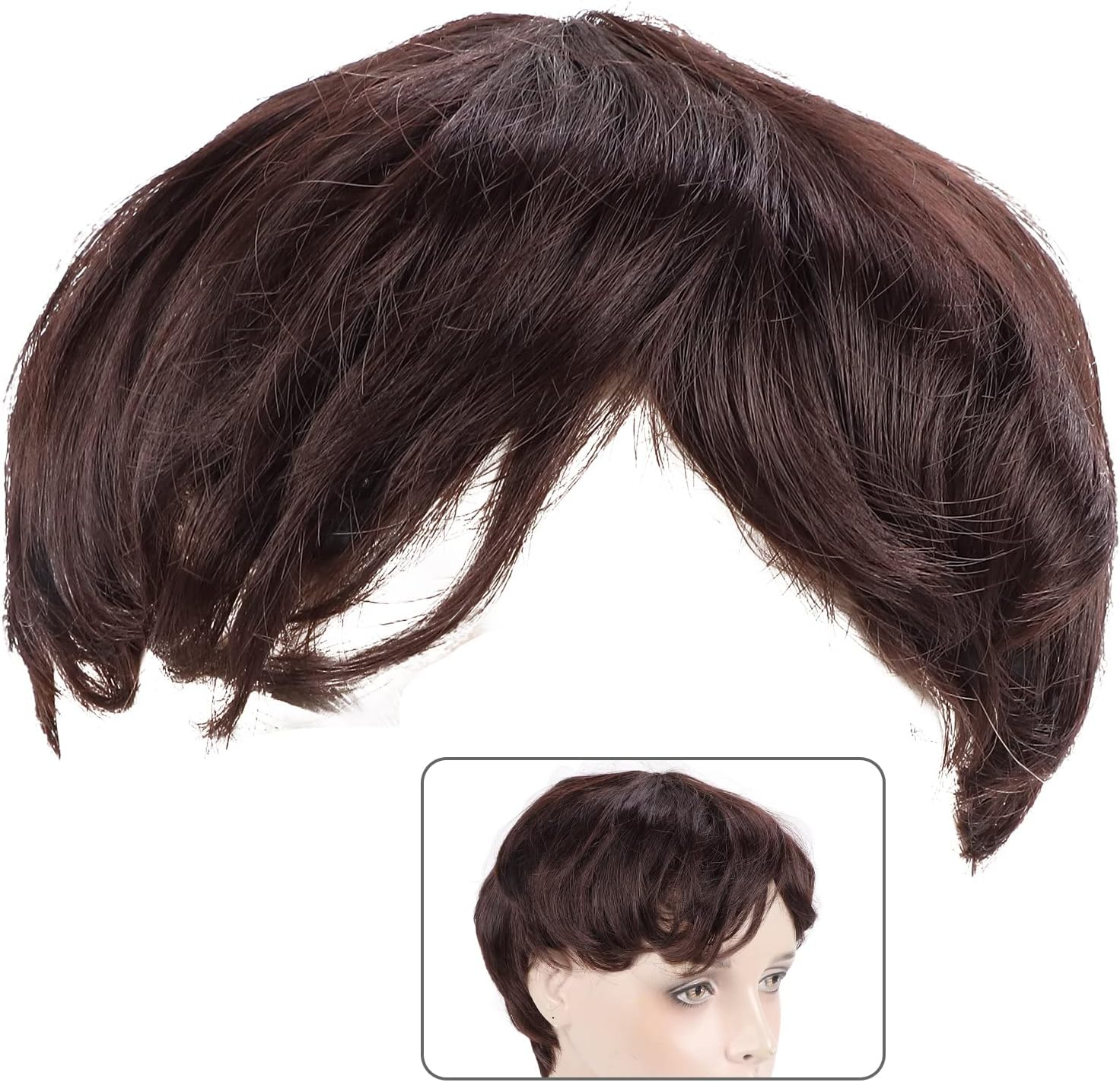 Short Brown Wigs for Men, Mens Dark Brown Wig Short Men Wig Curly Men'S Wig with Side Swept Bangs Synthetic Full Wig for Male Daily Party Costume Cosplay Wear, Hair Replacement image number 6
