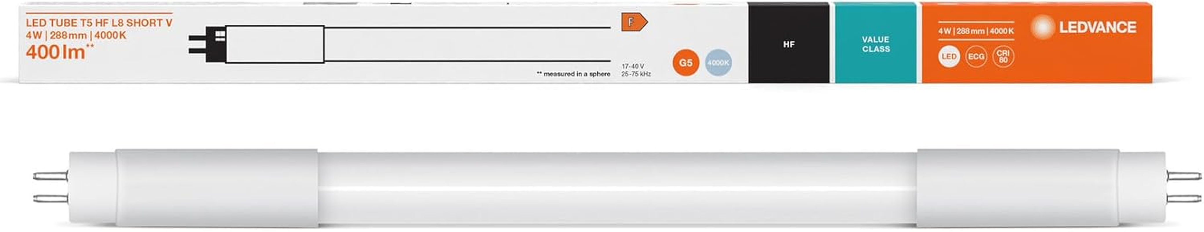 LEDVANCE LED Tube T5 Performance (Mains AC) High Efficiency 7 W 1000 Lm - 840 Cool White 55 Cm Replacement for 14 W, White-Black-Grey, 4000 K image number 1