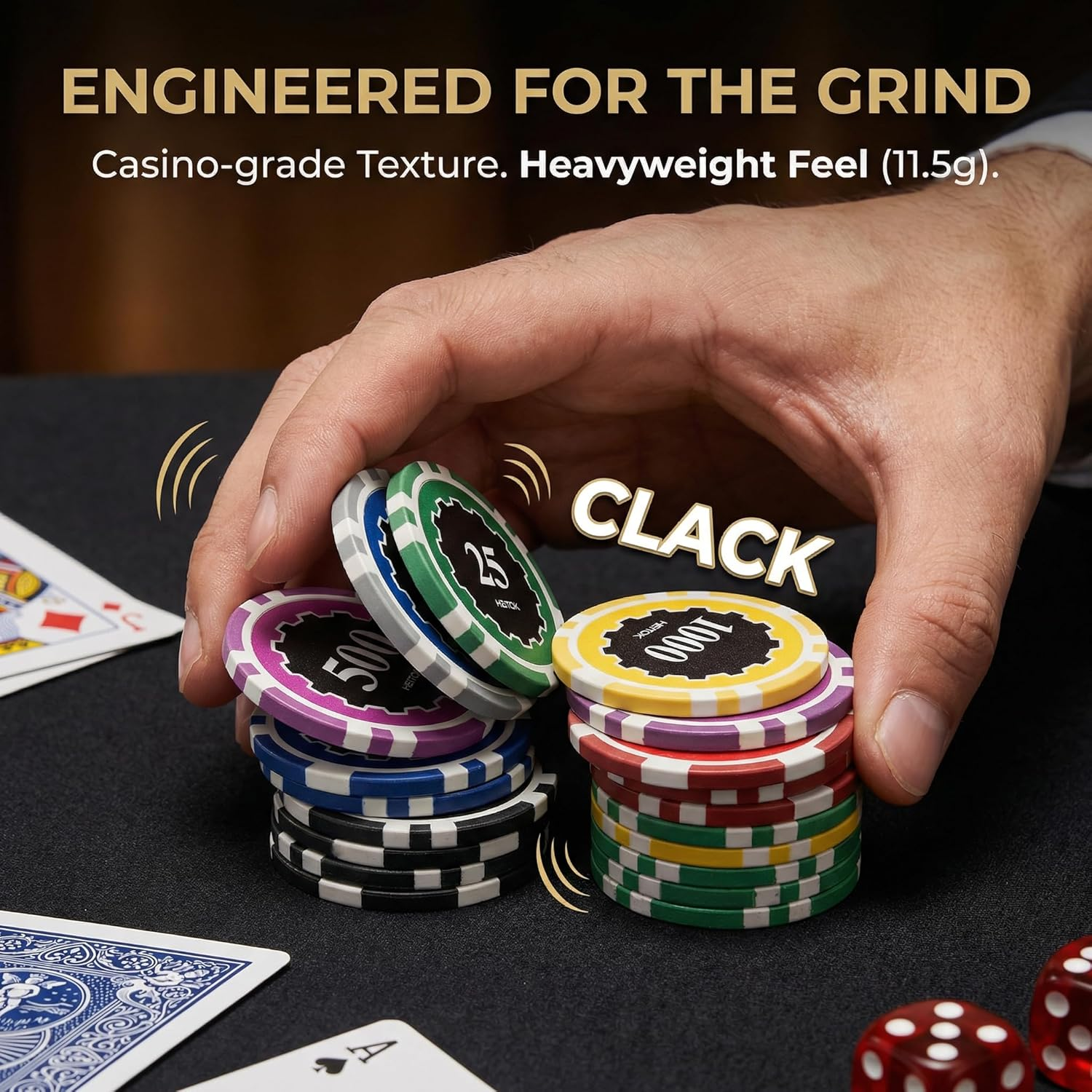 Poker Chips Set with Denominations, 300Pcs 11.5G Weighted Casino Chips, Aluminum Carrying Case, 2 Decks, 5 Dice & Dealer Buttons - for Texas Hold'Em, Blackjack, Family & Party Games image number 4