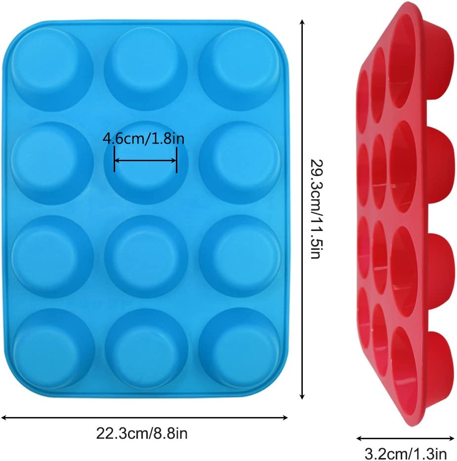 12 Cups Silicone Muffin Pan, Cupcake Pan, Yucool 3 Pack Silicone Molds for Muffin Tins, Cakes Microwave Oven Safe (Orange, Red, Blue) image number 3