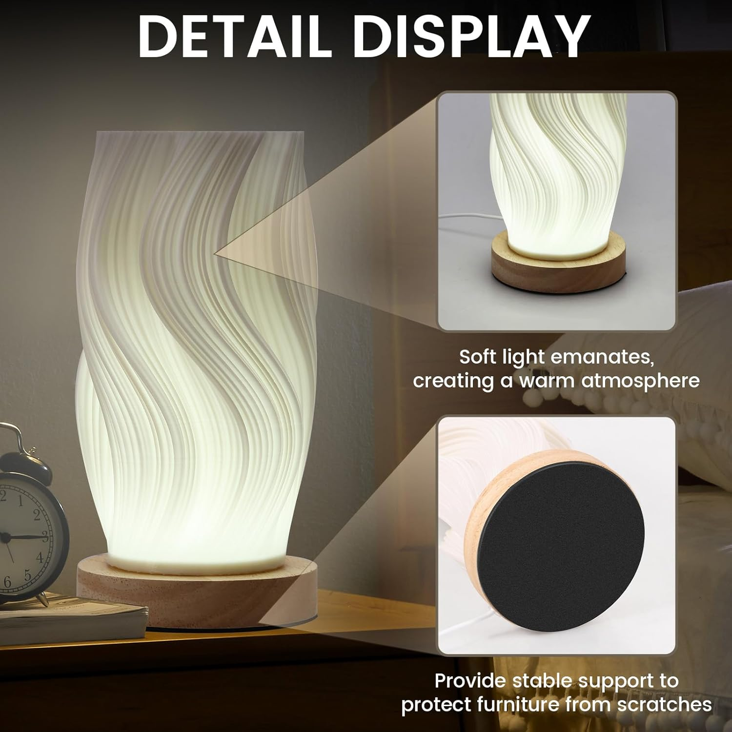 Table Bedside Lamp with Woodbase, Versatile Touch Control Table Lamp for College Dorm, Nightstand PLA Lampshade Living Room Bedroom (Black) image number 5