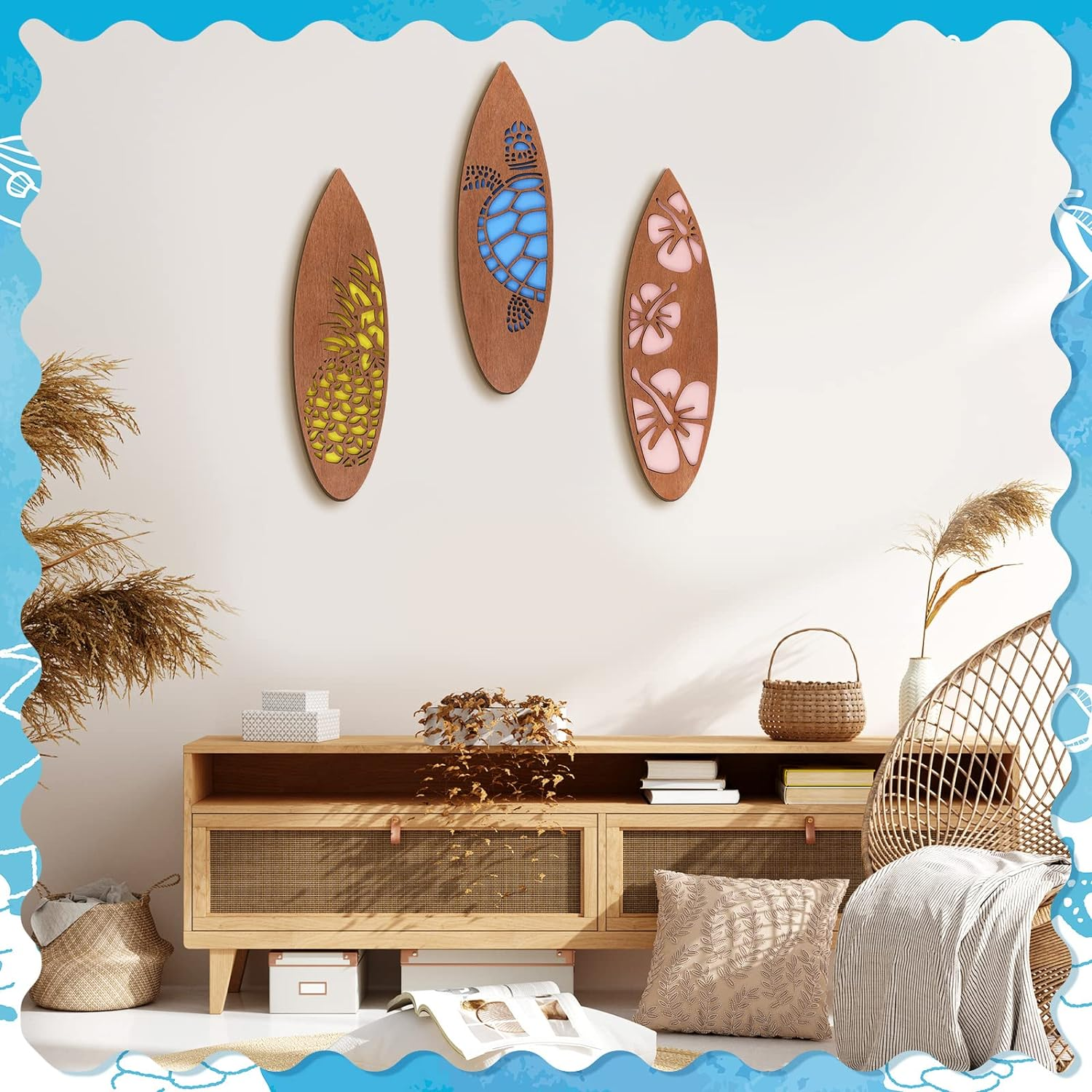 Tatuo 3 Pcs Surfboard Wall Decor Surfboard Hanging Sign Available in Sizes Summer Backdrop for Party Tropical Beach Room Decor Wooden Decoration for Hawaiian Luau(Retro,11.81 X 3.31 X 0.2 Inch) image number 5