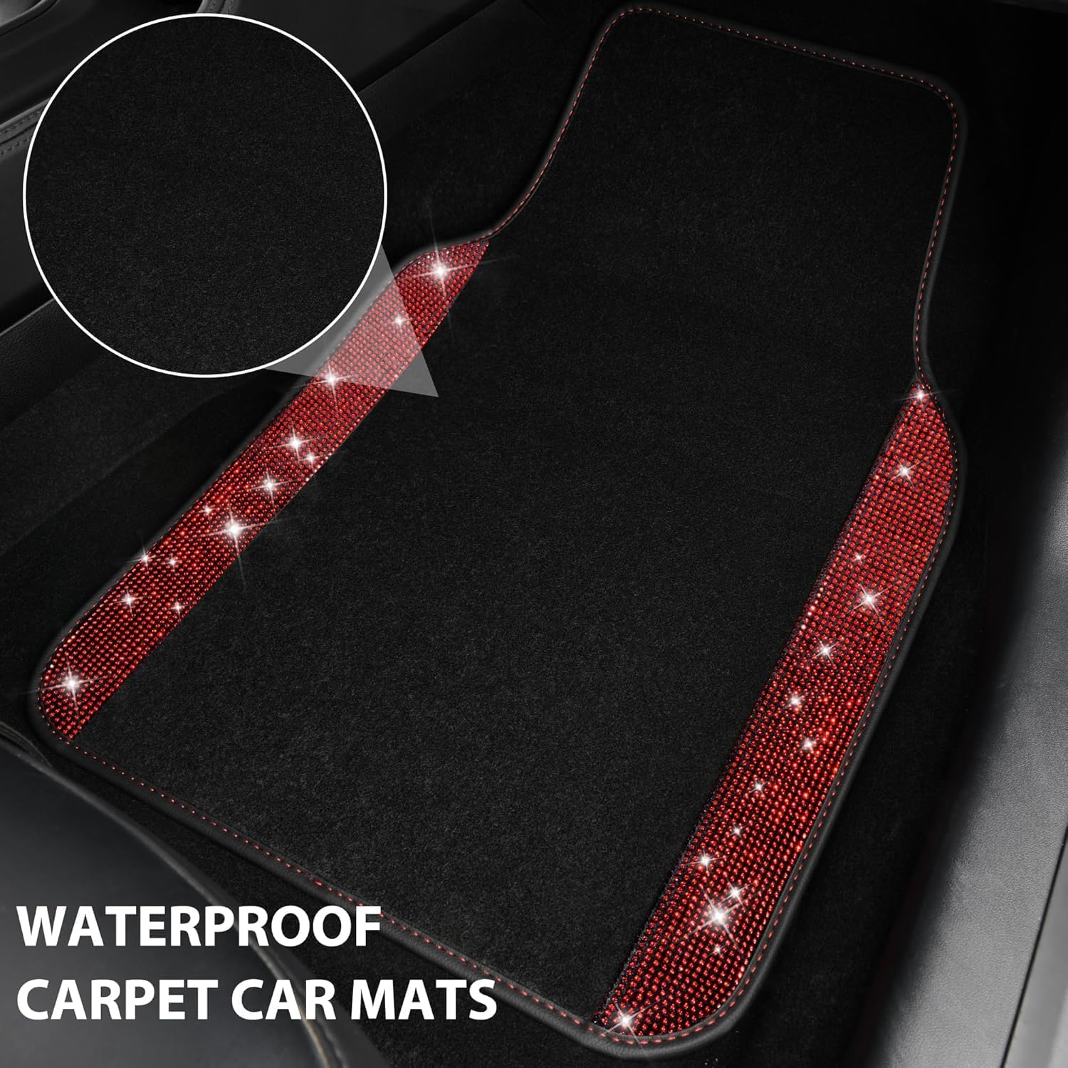 Flying Banner Bling Diamond Car Floor Mats, Shining Rhinestone Carpet Sparkly Glitter Crystal with Anti-Slip PVC Heel Pad Waterproof Universal Fit Automotive Suv,Sedan,Van,Cute Girl Women (Red) image number 2
