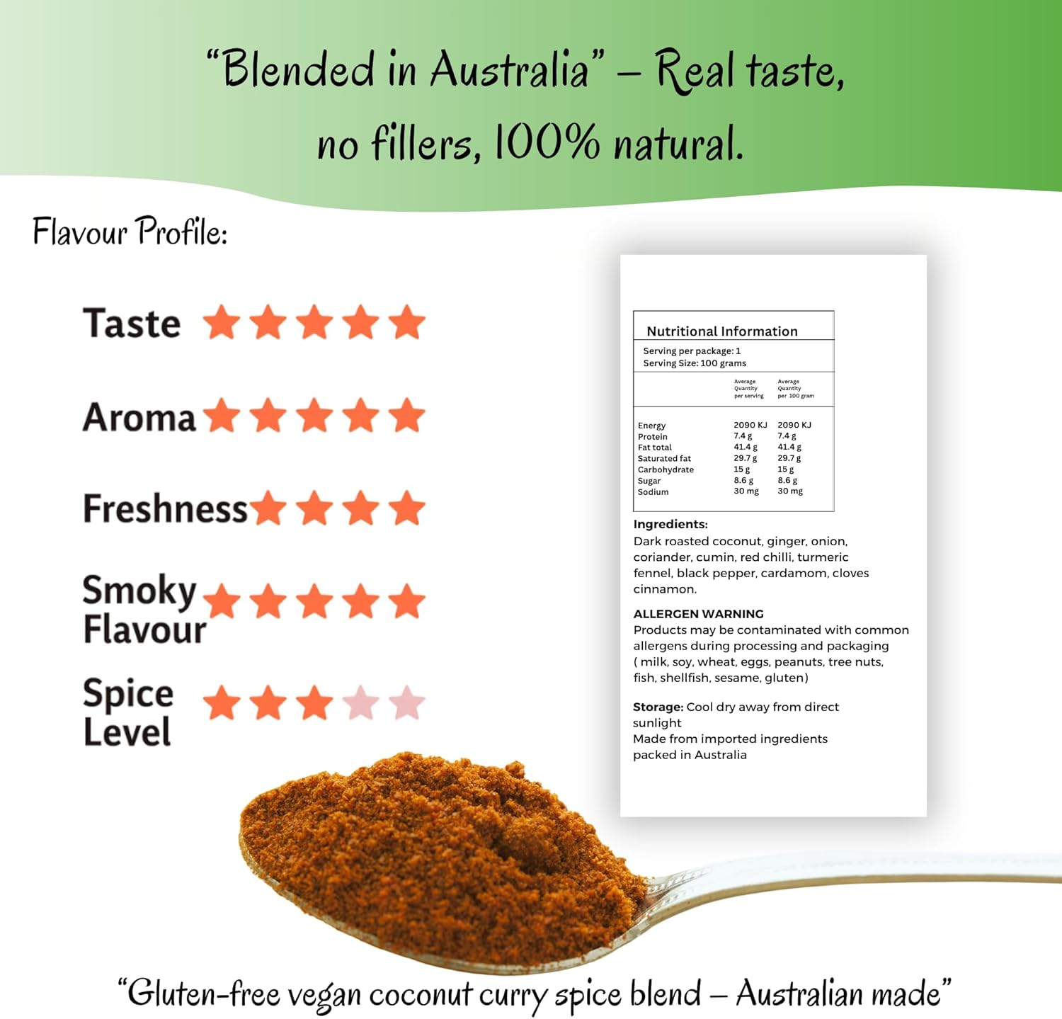 KABO Coconut Curry Masala 100G (3.52Oz) &ndash; Authentic South Indian Spice Blend with Slow-Roasted Coconut | Complete Mix, No Onion or Tomato Prep Needed for Chicken, Prawn, Lamb, Eggplant & Veg 100% Natural, Vegan, No Additives, Ziplock Pouch image number 3