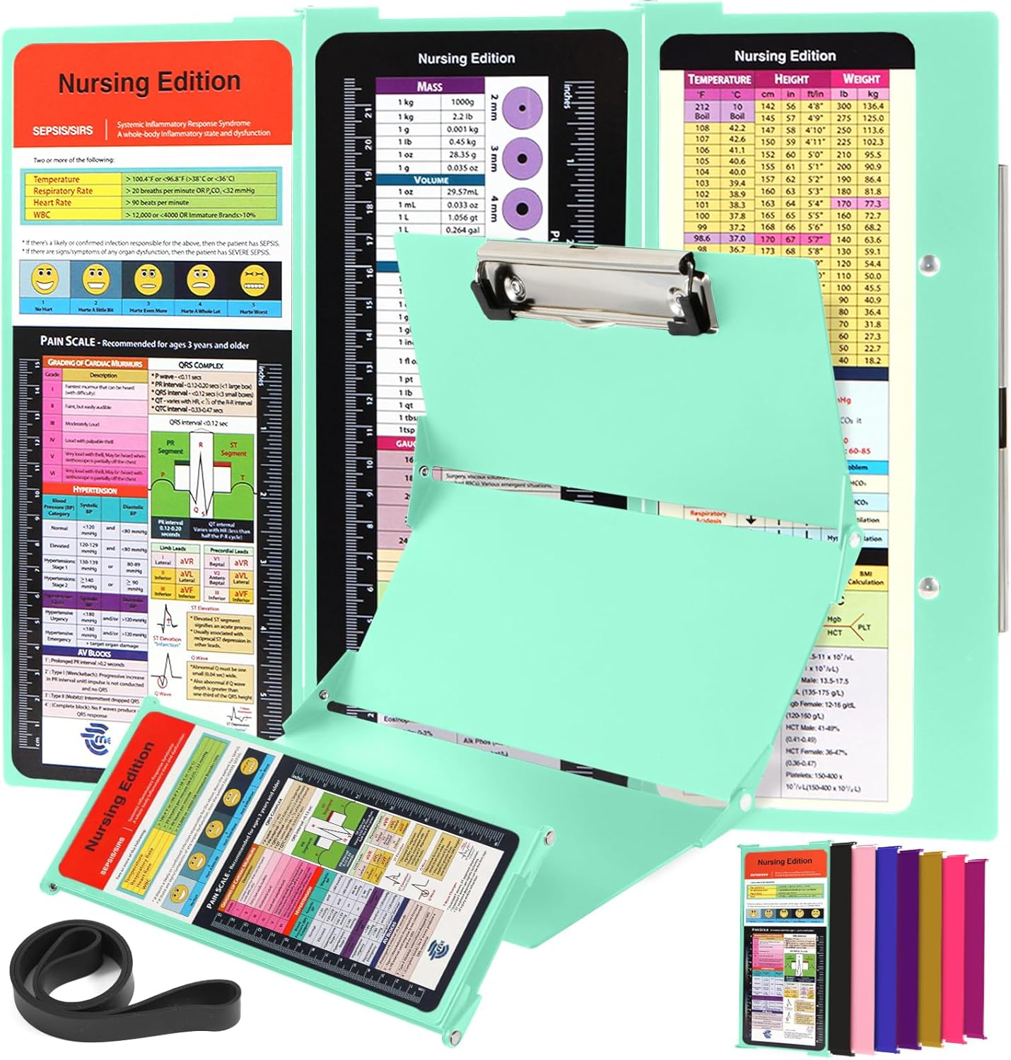 Nursing Clipboard with Nursing and Medical Edition Cheat Sheets 3 Layers Aluminum Foldable Nurse Clip Boards Notepad for Students, Nurses and Doctors (Mint) image number 6