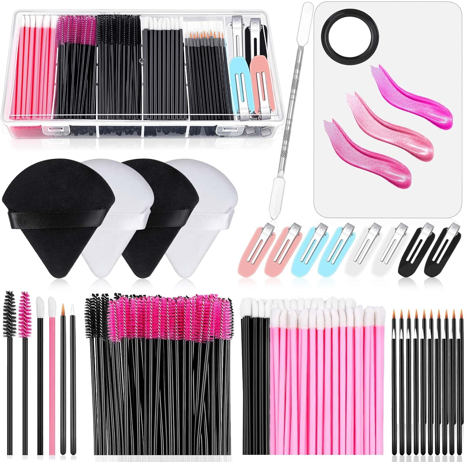 Disposable Makeup Applicators Kit with Triangle Puff Mixing Palette, Artist Supplies Disposable Mascara Wands, Lip Brushes, Hair Clips Powder Puffs for Face with Storage Box