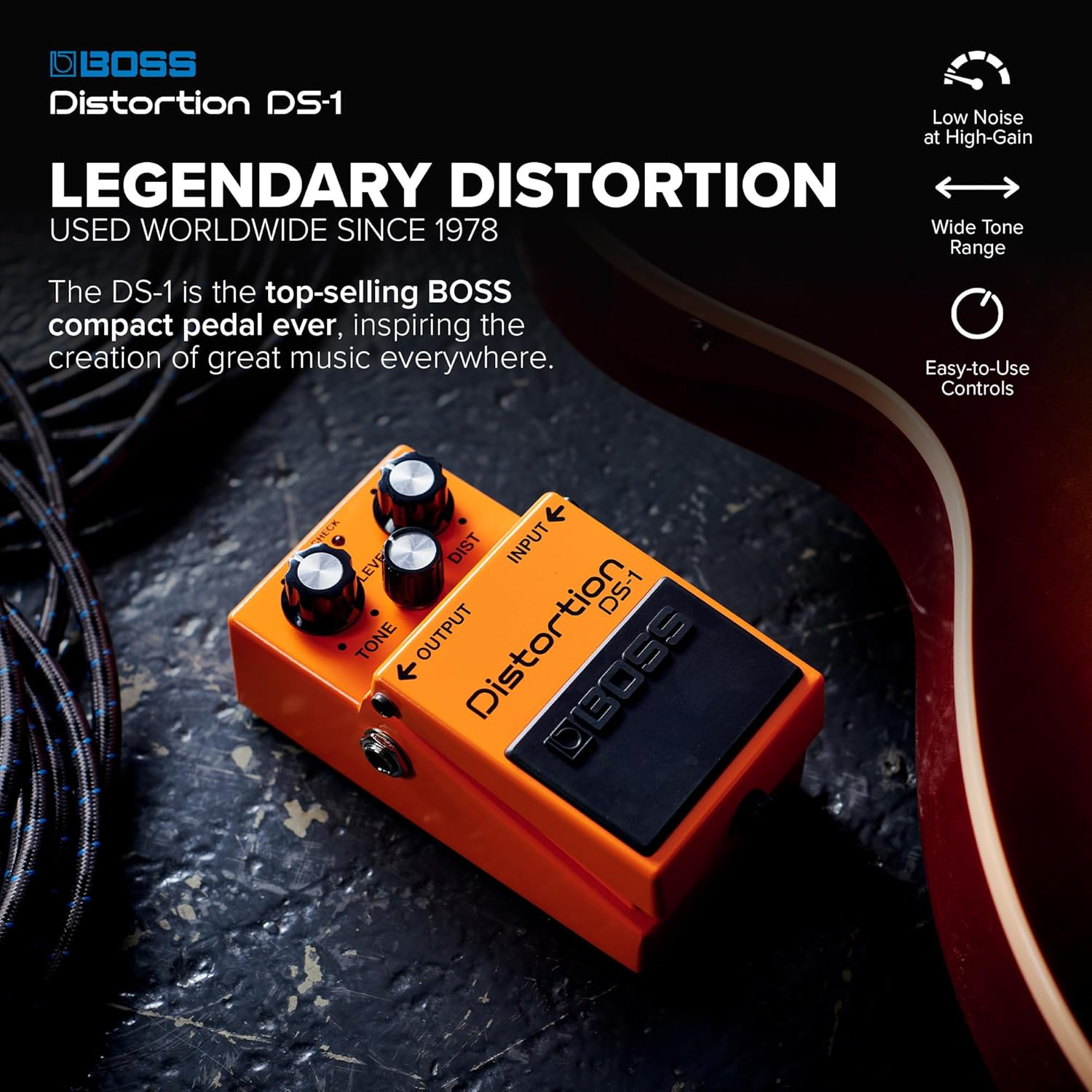 BOSS DS-1 Distortion Pedal, Classic Tones for All Types of Music, the Benchmark in Guitar Distortion, Orange image number 6