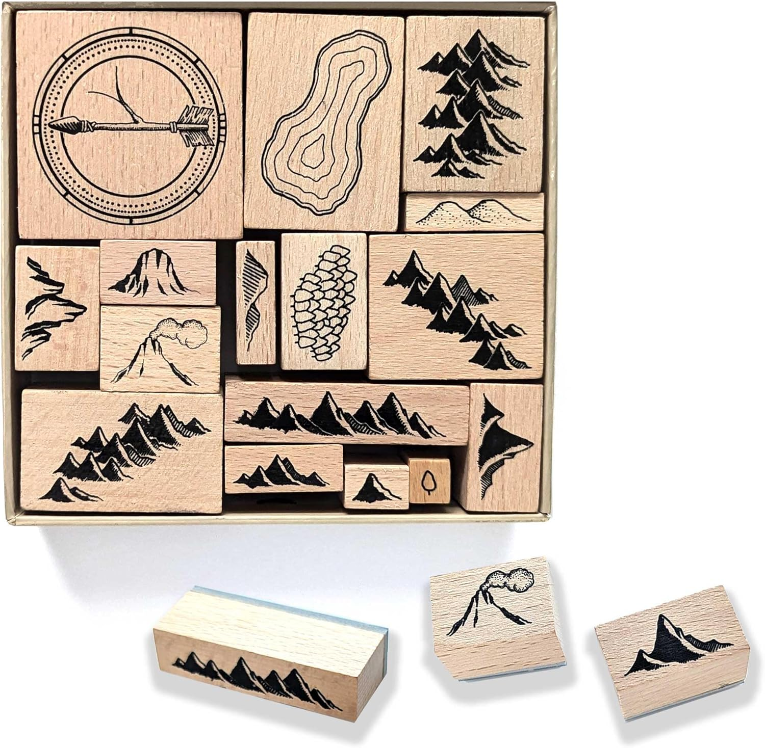 Lord of Maps Fantasy Map-Making Stamp Kit &ndash; 16-Piece Rubber Stamp Set for TTRPG, World Building, Battle Maps, Jounaling, Arts & Crafts - Mountains, Hills, Volcano, Lake, Compass Rose image number 3