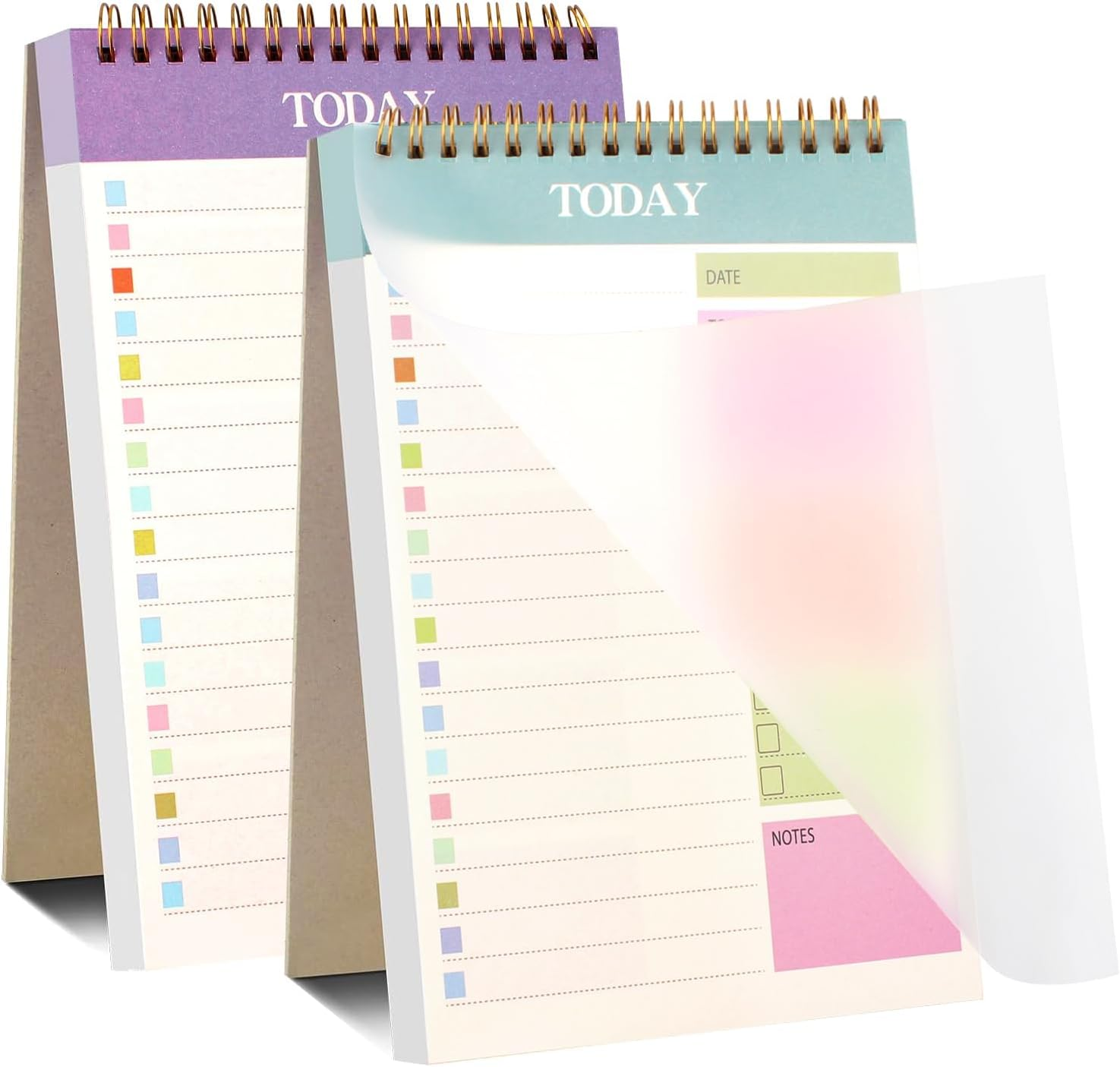 Daily Planner Notepad,Nedlon 2 Packs to Do List Notepad,104 Pages A5 Undated Daily Planner with Task Checklist,Spiral Binding,120Gsm Paper,Transparent Cover for Home,Office,School Supplies,Green&Purple
