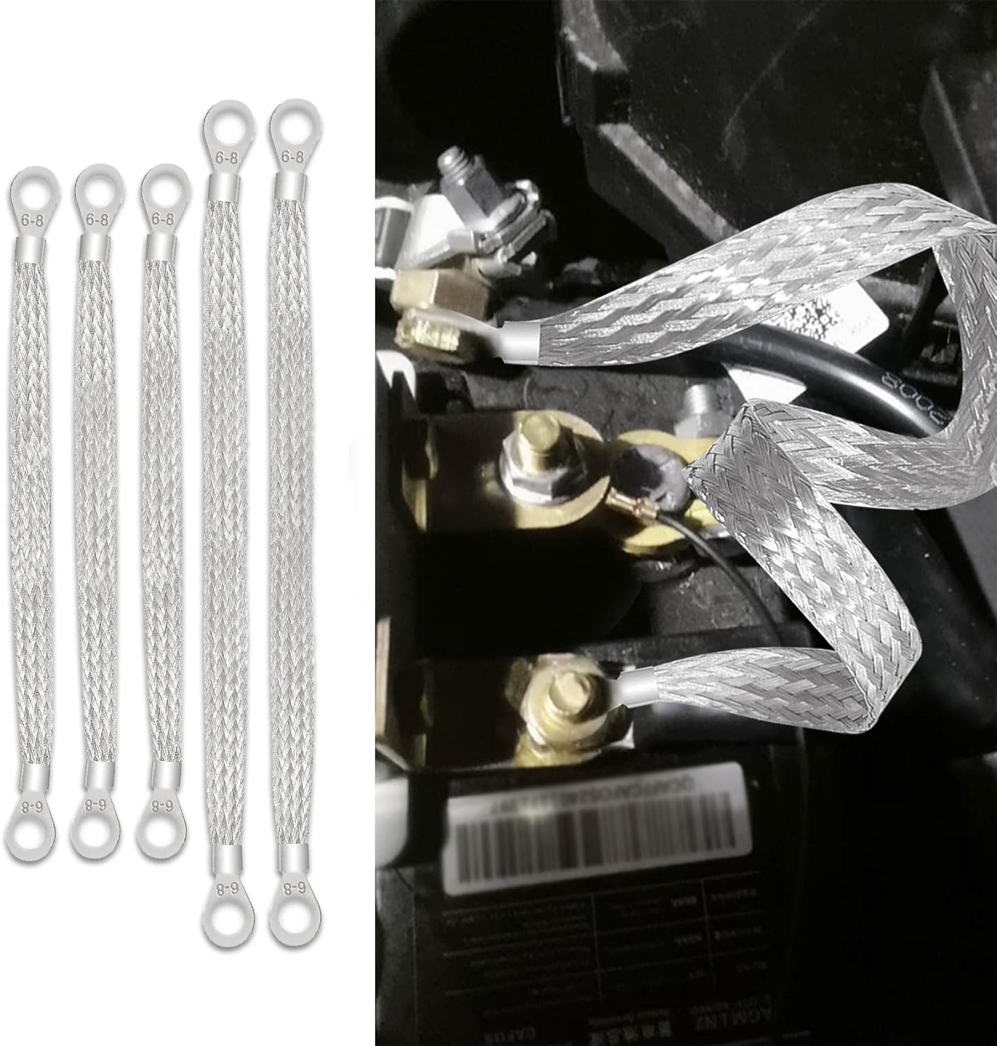 Universal Flat Braided Copper Ground Strap, 3PCS 10"&times;1/2" & 2PCS 13"&times;1/2" Auto Engine Ground Strap, Heavy Duty Flat Braided Tinned Copper Ground Strap Replacement for Most Cars image number 4