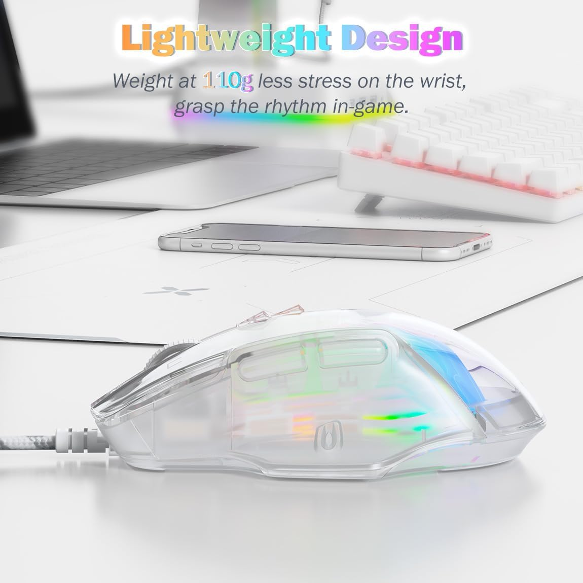 Transparent Wired PC Mouse, Customizable RGB Backlit, USB Optical Office Mice with Side Button, Adjustable DPI up To12800 High Precision, Comfortable Grip for Computer/Laptop/Mac