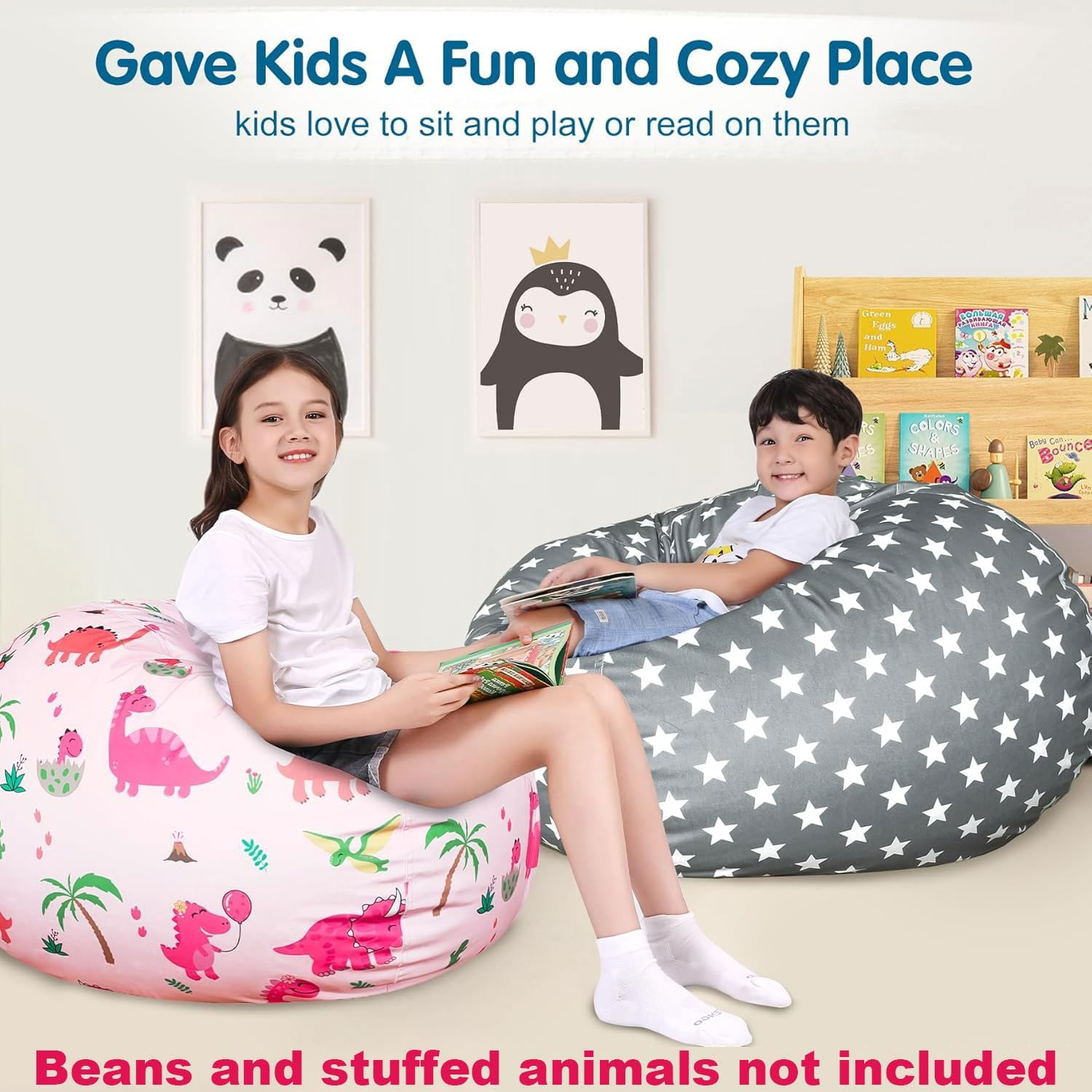 Stuffed Animal Storage Bean Bag Chair, Zipper Beanbag Cover, Stuff and Sit Bean Bag Cover, Washable Pouf Organizer for Plush Toys, Linens, Quilts, Pillows (Grey Star, 32 in Large) image number 2