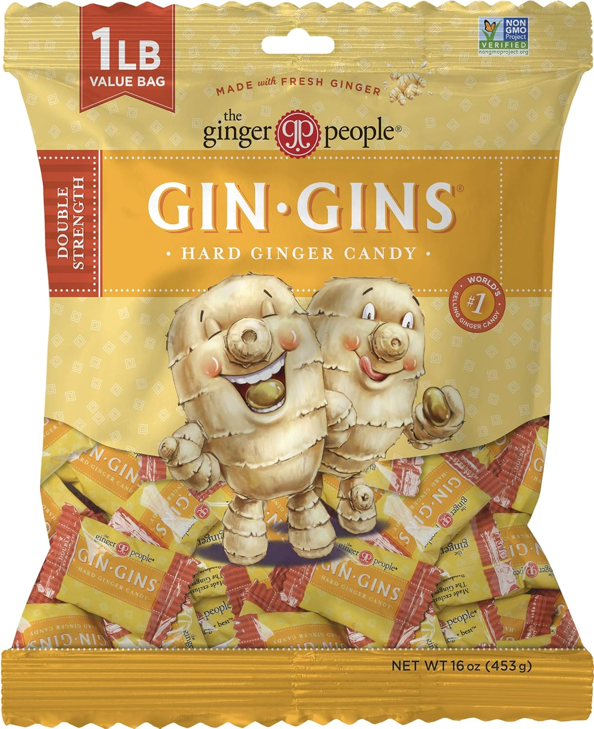 GIN GINS Double Strength Ginger Hard Candy &ndash; Natural Ginger Candy by the Ginger People &ndash; Individually Wrapped Healthy Candy &ndash; Double Strength Flavor &ndash; Large 1 Lb Bag (16Oz) &ndash; Pack of 1 image number 4