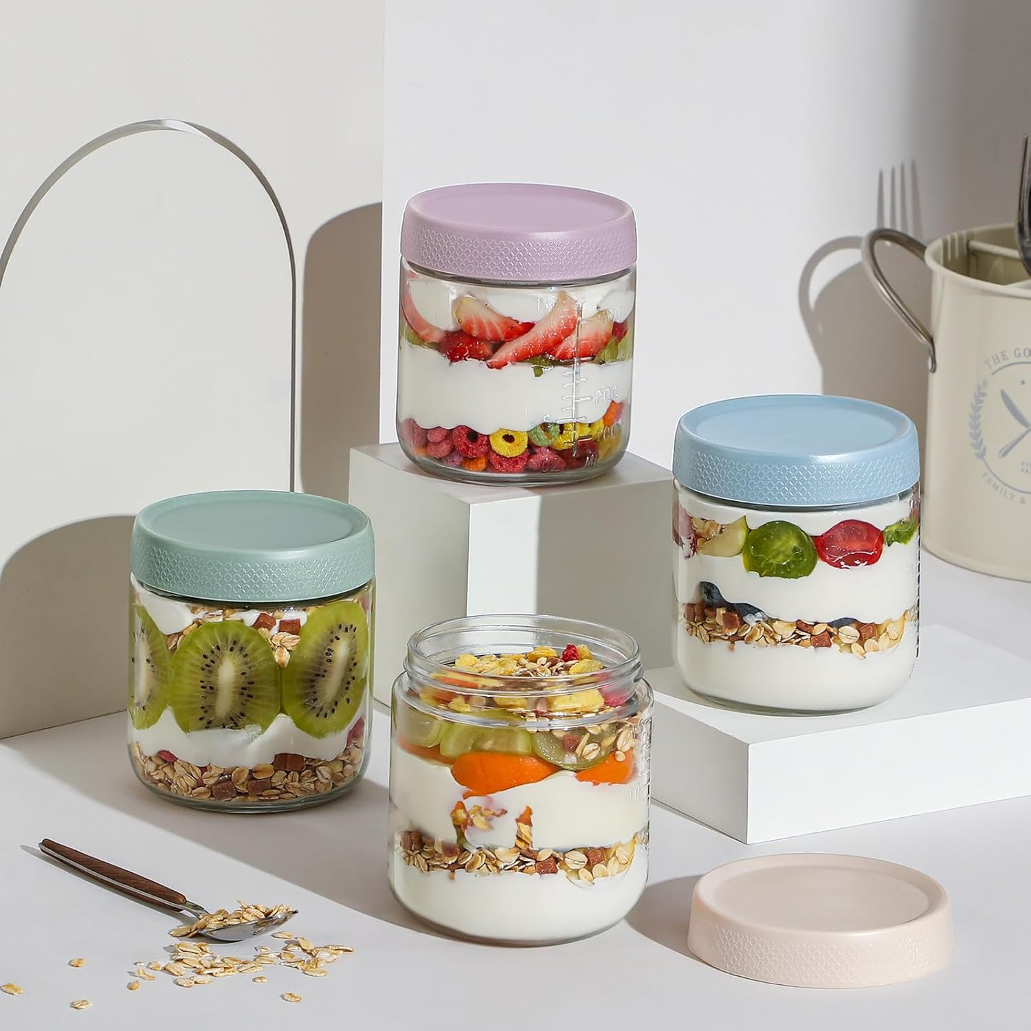 6-Pack Overnight Oats Containers with Lids, 16 OZ Wide Mouth Glass Jars with Airtight Lids, Mason Jars Glass Food Containers for Snack Spice Sugar Food Prep Yogurt - 4 Colors image number 3