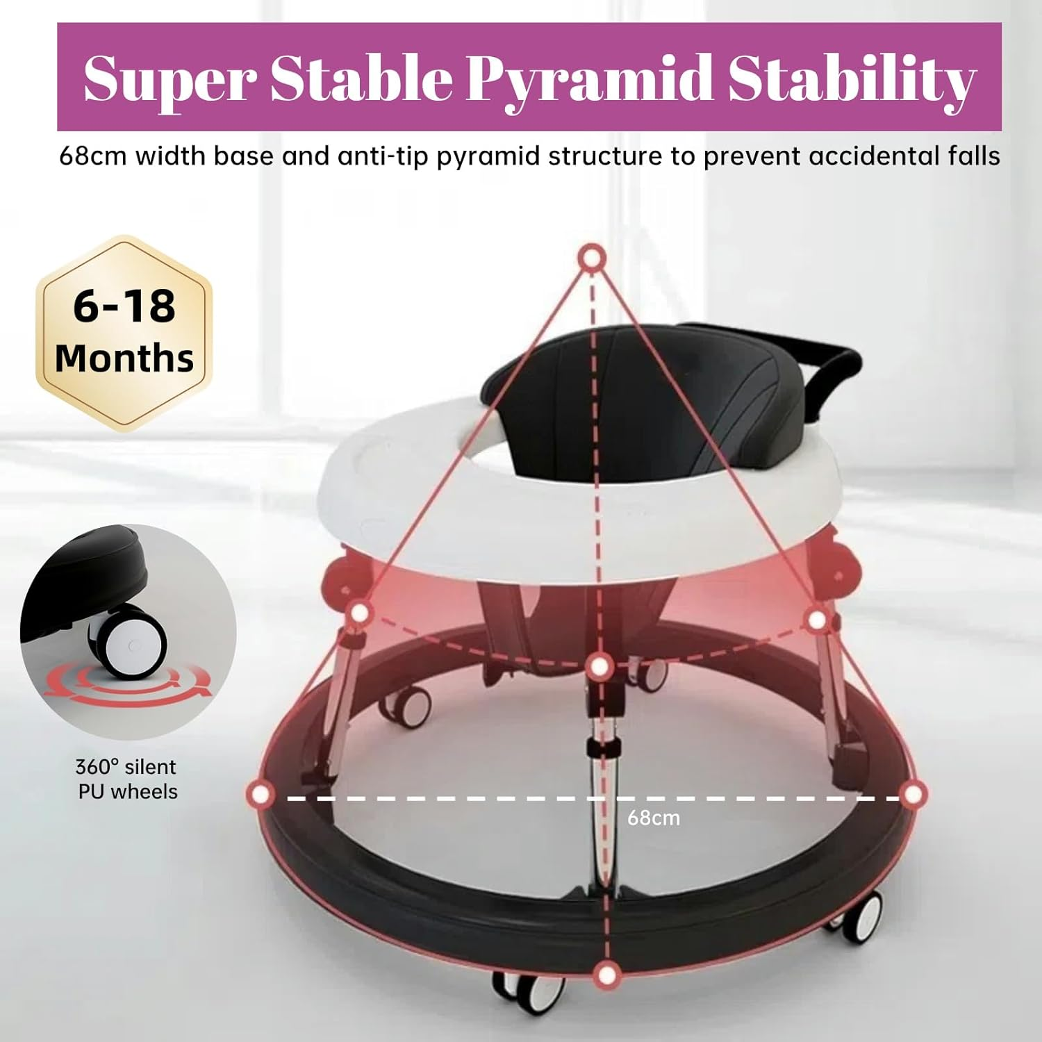 Baby Walker 6-12 Months, 10-Level Adjustable Height Foldable Baby Jumper & Mobile Baby Walker with 360&deg; Wheels, Rosegold Aluminum Frame & Wide Stable Base for Infants 6-18 Months image number 5