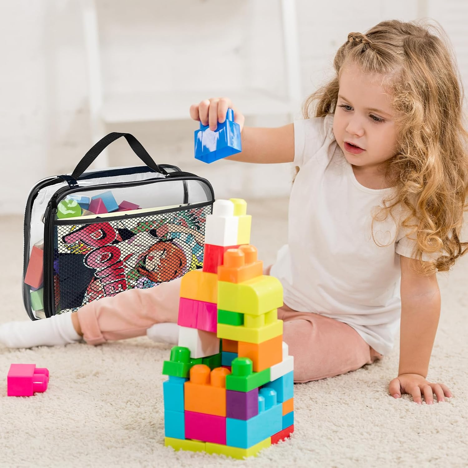 VERONLY 4 Packs PVC Toy Zippered Blocks, 13.3"X3" X10.4" Travel Storage Case Bags for Organizing, Waterproof Toy Storage Bags with Mesh Pockets for Building Blocks, Puzzles, Clays,Toy Cars (Black) - L-Pink image number 5