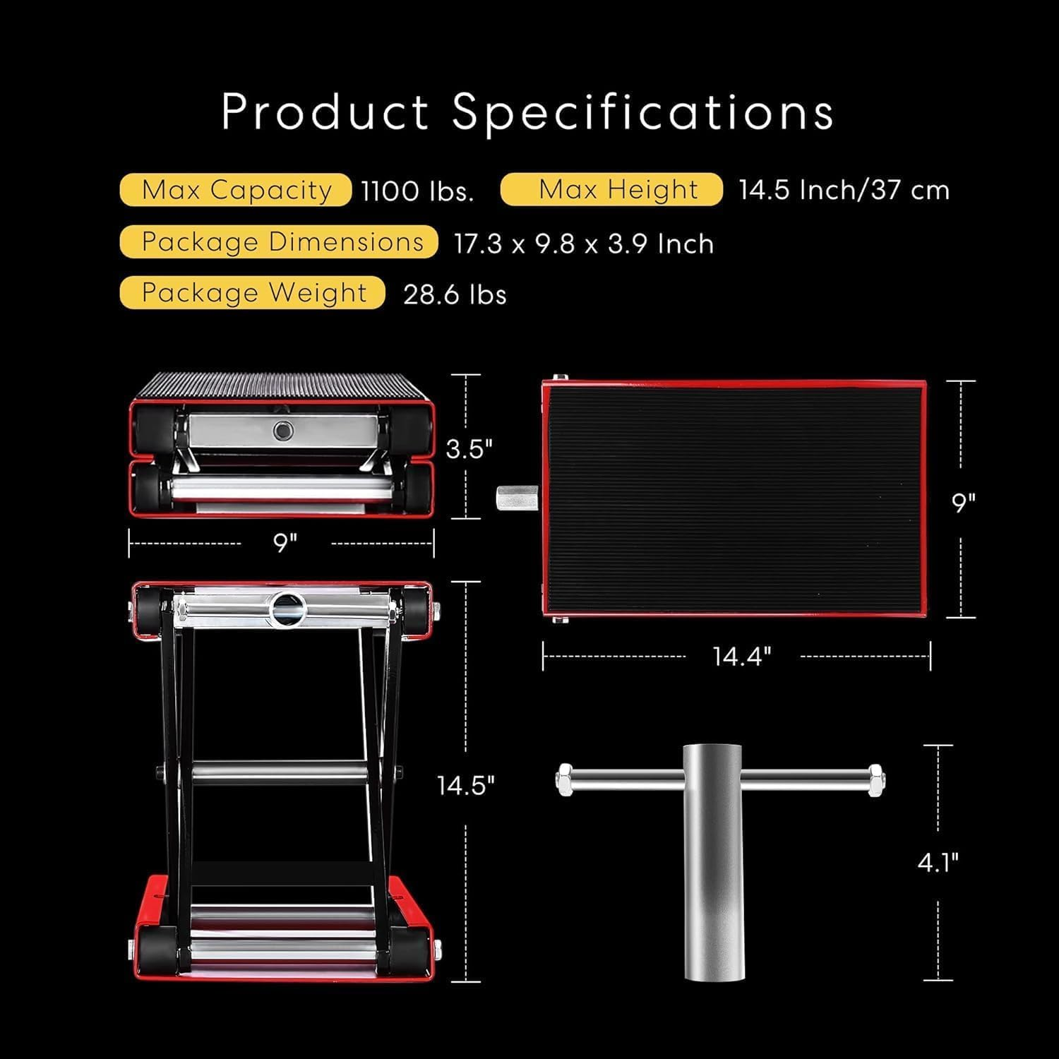 Homodoskey Motorcycle Lift Scissor Jack Steel Wide Deck Hoist Crank Center Stand 1100 LBS Capacity for Motorcycles, Atvs, Dirt Bikes Red