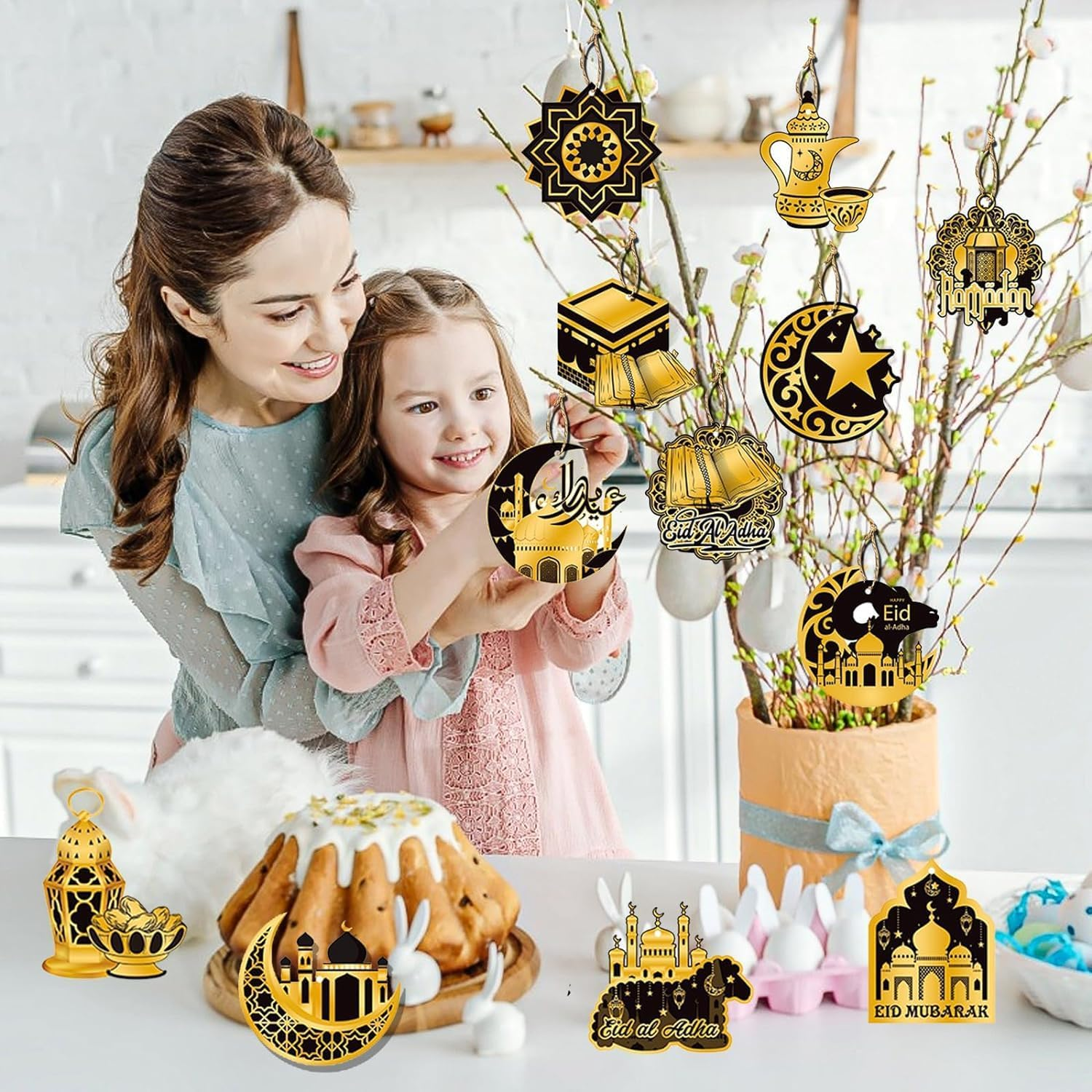 Ramadan Mubarak Garland - Eid Decorations, Hanging Ornaments with Shining Black Gold Star Moon Lantern for Home Decor, Kareem, Al-Fitr Party Supplies image number 4