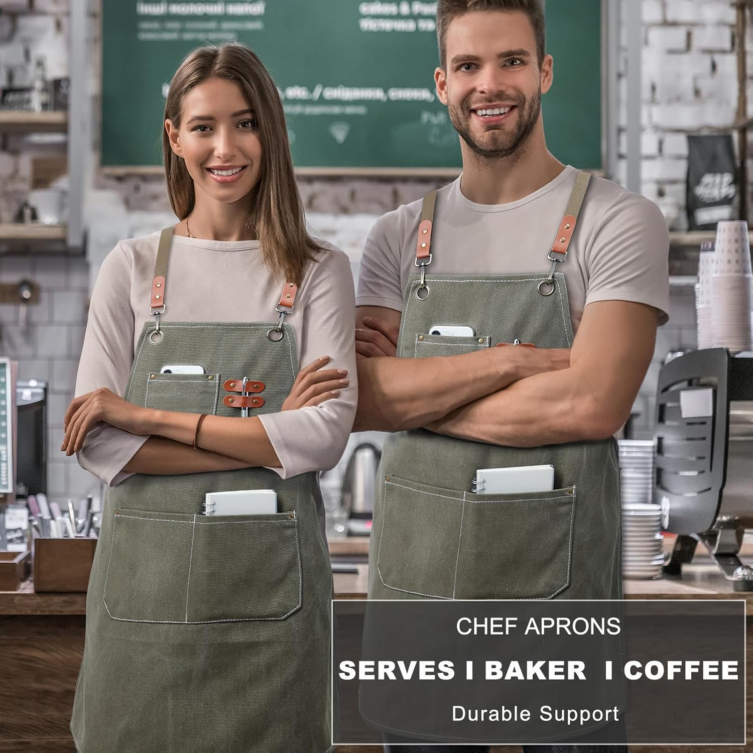 MODY RODY Durable Chef Apron with Pockets for Cooking in Kitchen, Cross Back Protective Waitress Aprons for Men Women Serves Baker Artist Craftsman - Black image number 3